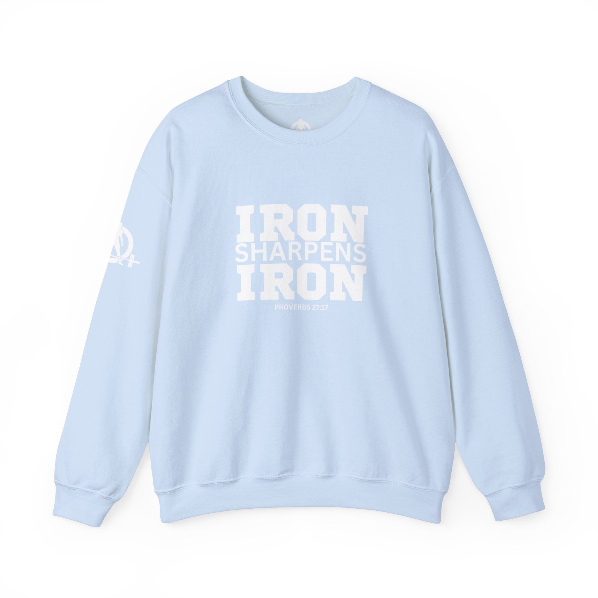 Iron Sharpens Iron - Unisex Heavy Blend™ Crewneck Sweatshirt - Front White Logo - Plain Back