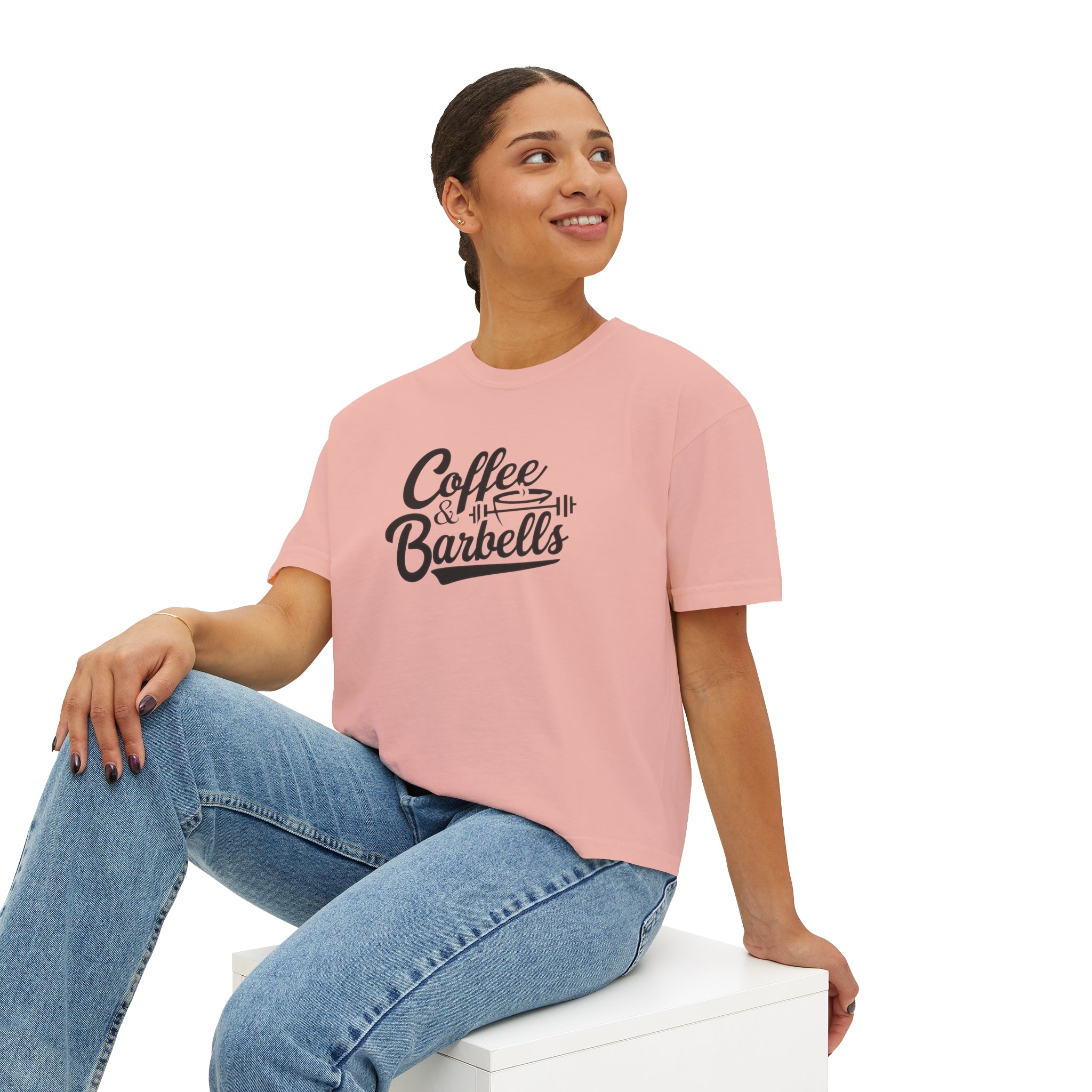 Coffee & Barbells - Women's Boxy Tee - Black Logo Front Plain Back