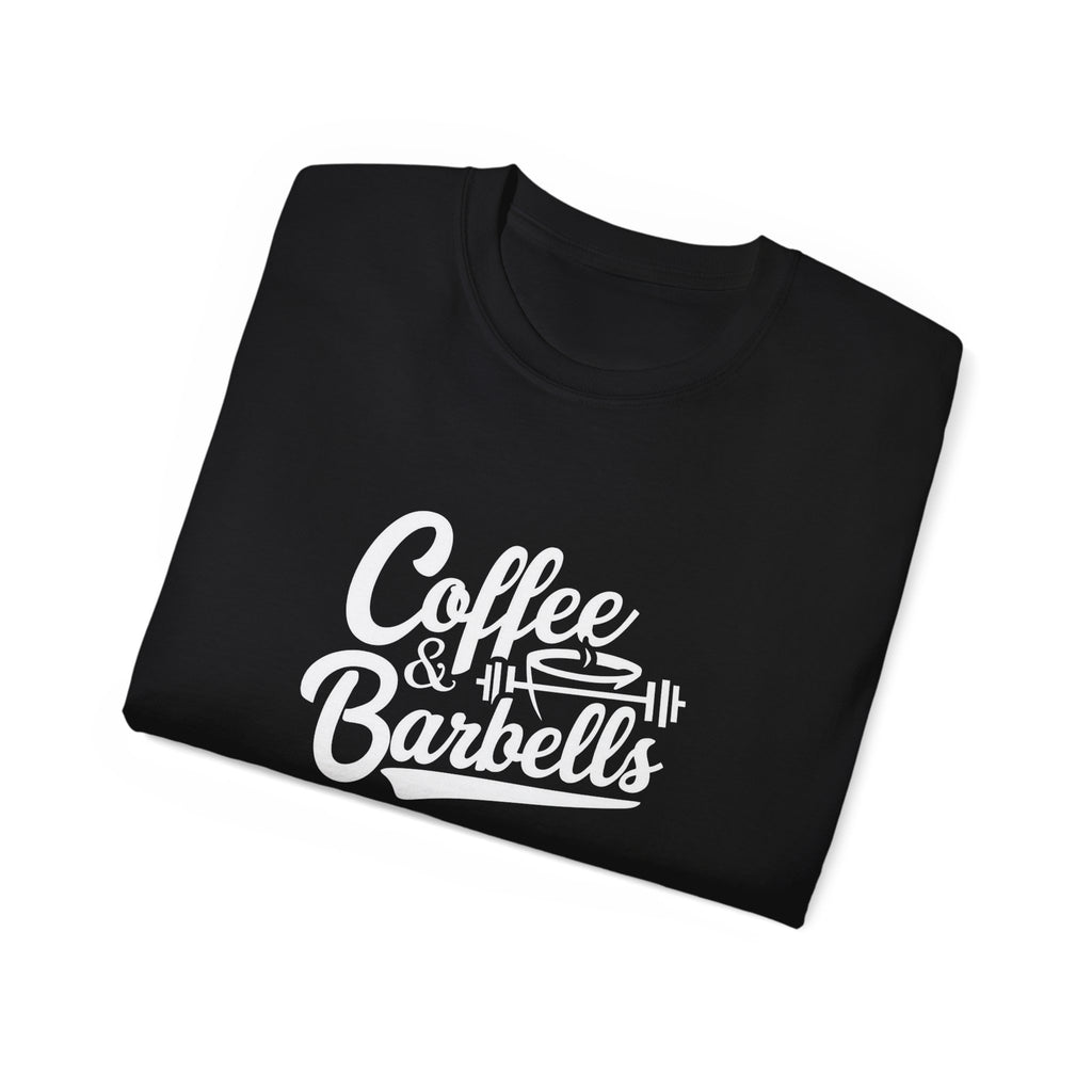 Coffee & Barbells - Unisex Ultra Cotton Tee - Front White Logo - Plain Back