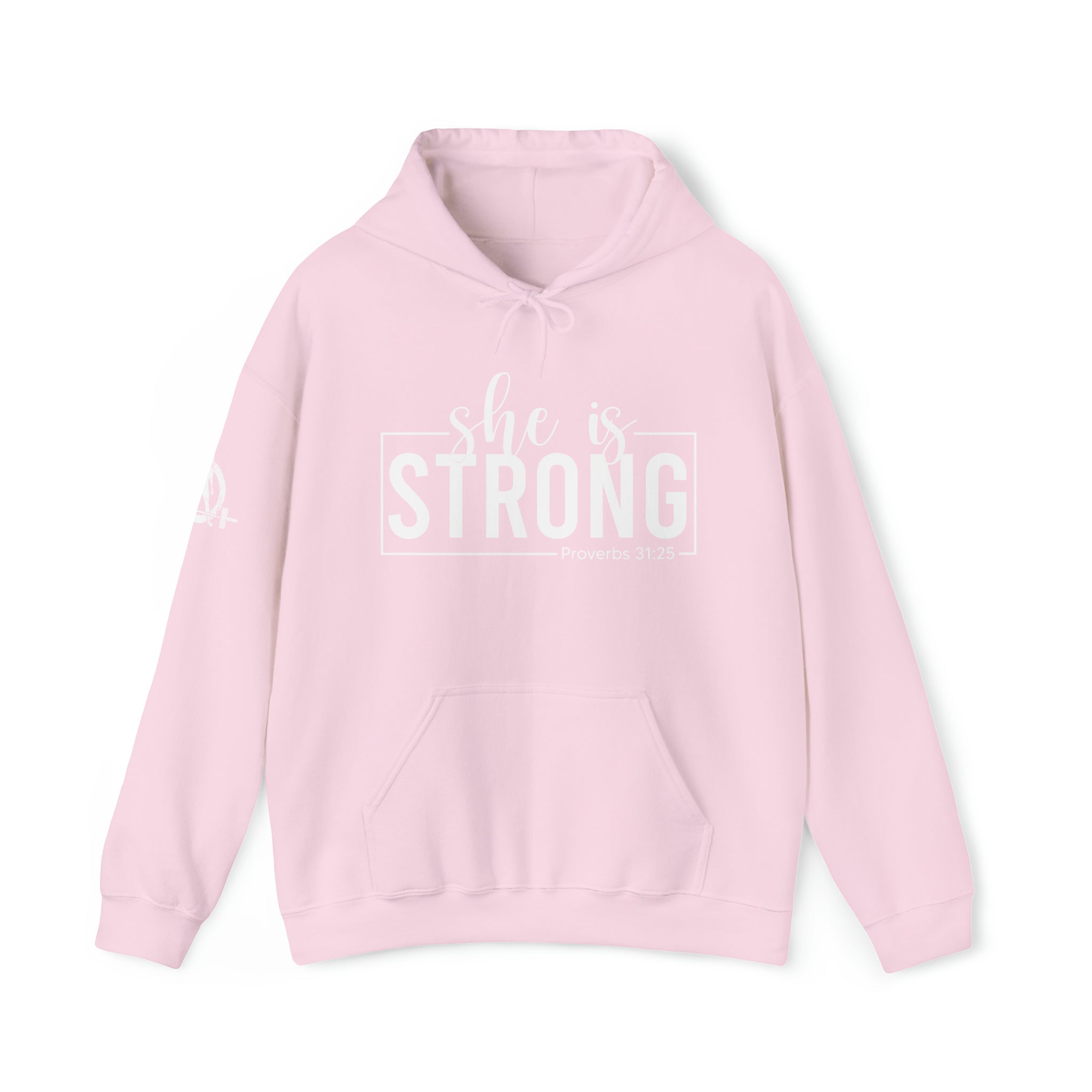 She is STRONG - Unisex Heavy Blend Hooded Sweatshirt - White Logo -  Plain Back