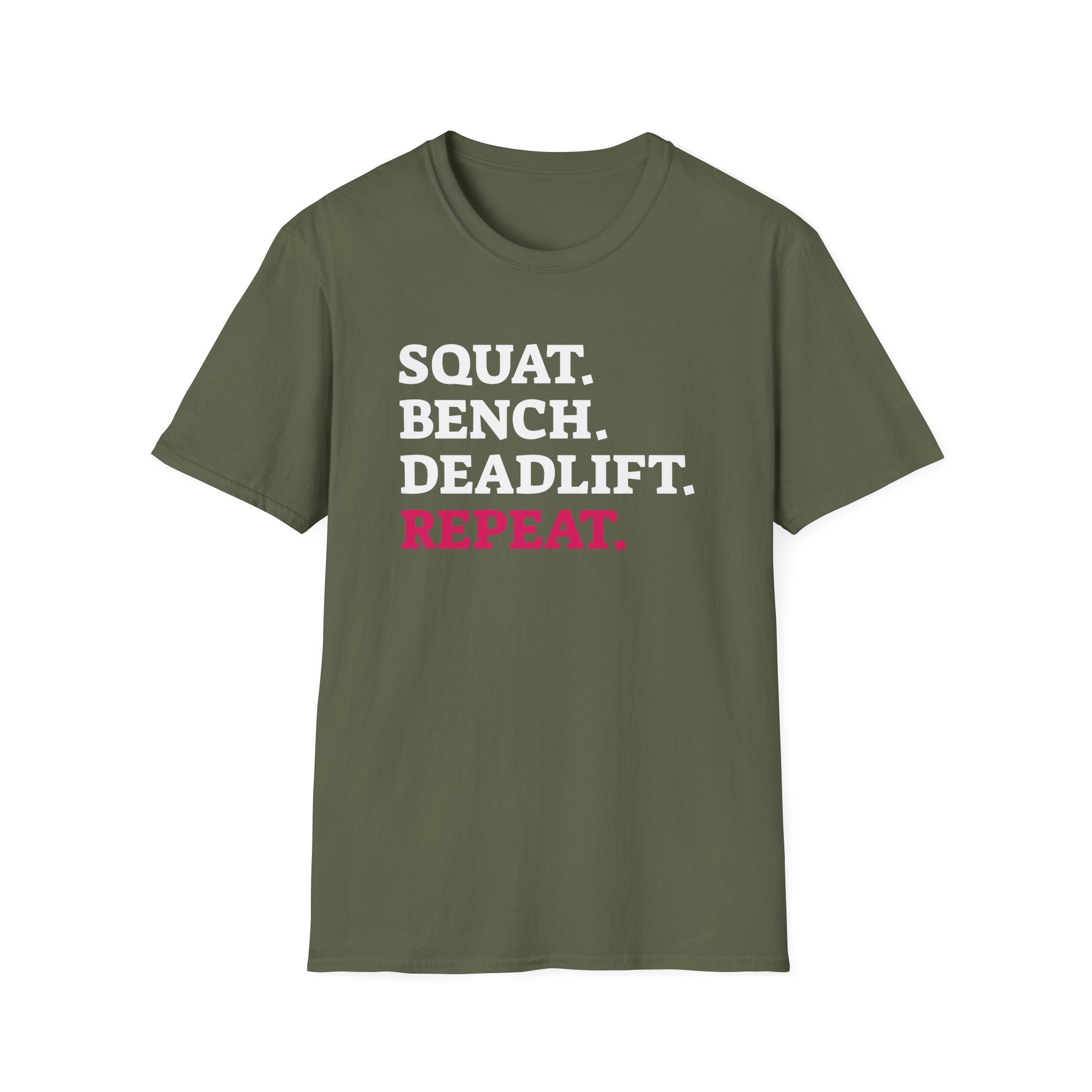 Squat Bench Deadlift Repeat - Unisex Softstyle T-Shirt - Black Logo Front & Back