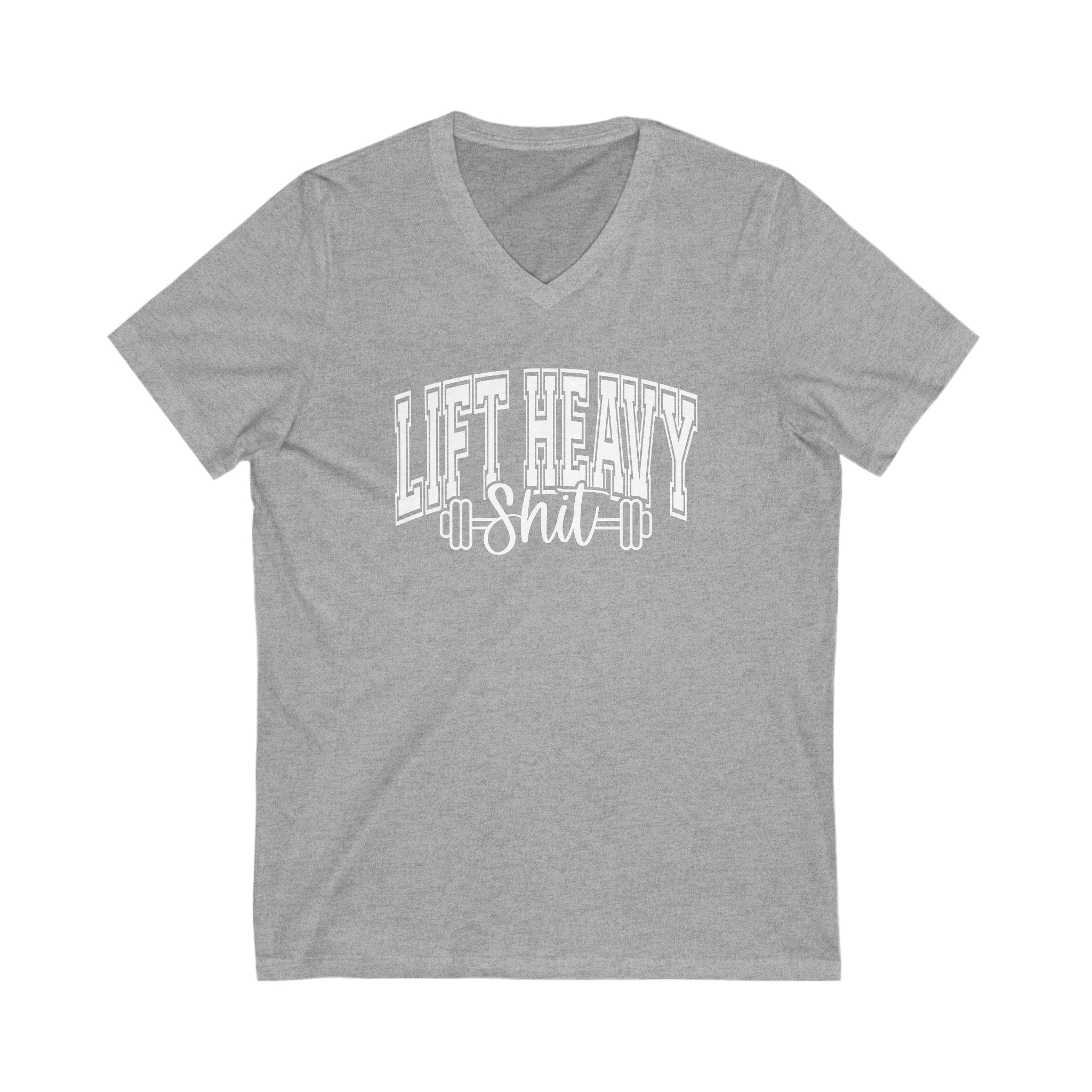 Lift Heavy Shit - Unisex Jersey Short Sleeve V-Neck Tee - White Logo Plain Back