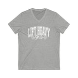 Lift Heavy Shit - Unisex Jersey Short Sleeve V-Neck Tee - White Logo Plain Back