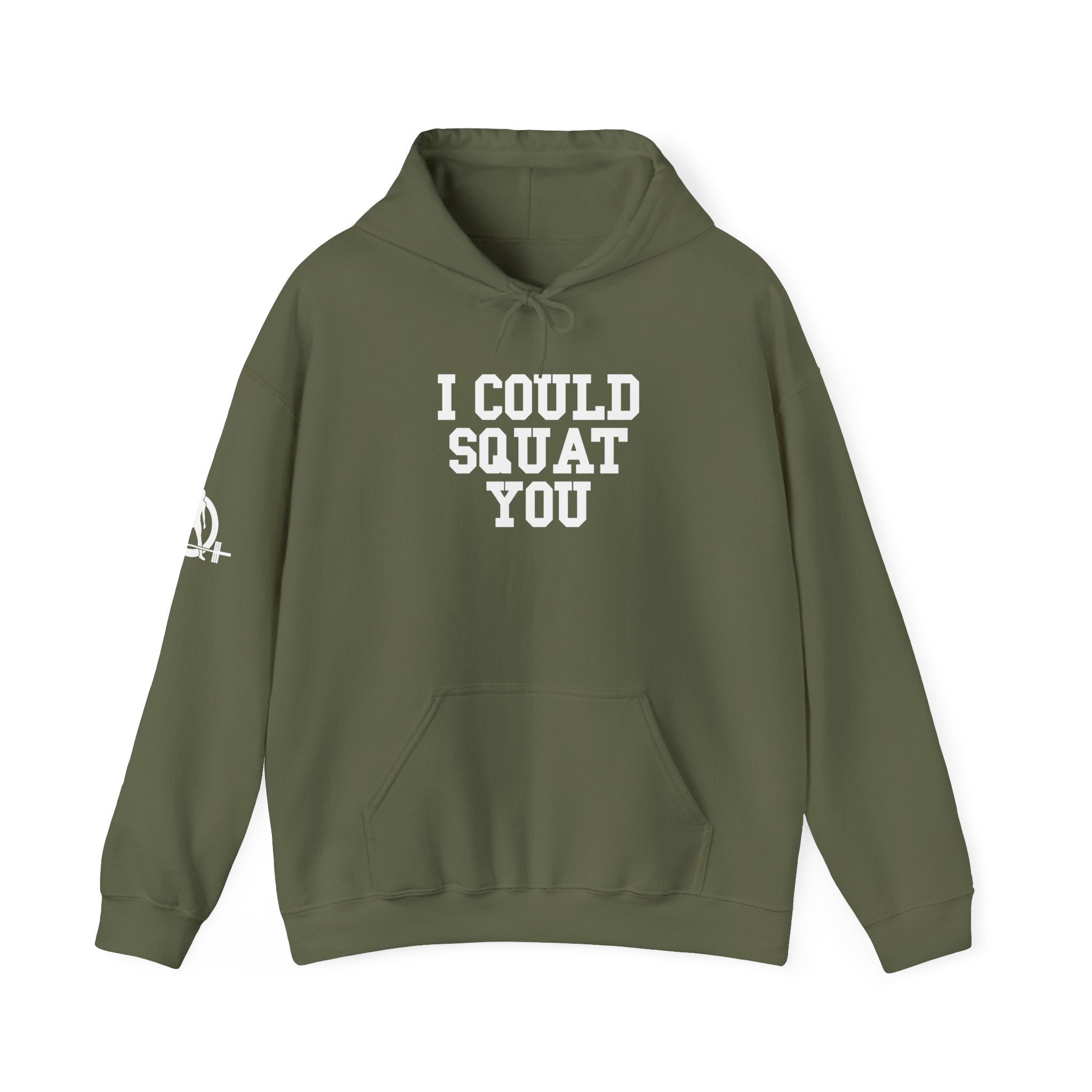 I Could Squat You - Classic Logo White - Unisex Heavy Blend Hooded Sweatshirt -  White Logo Front Arm Plain Back