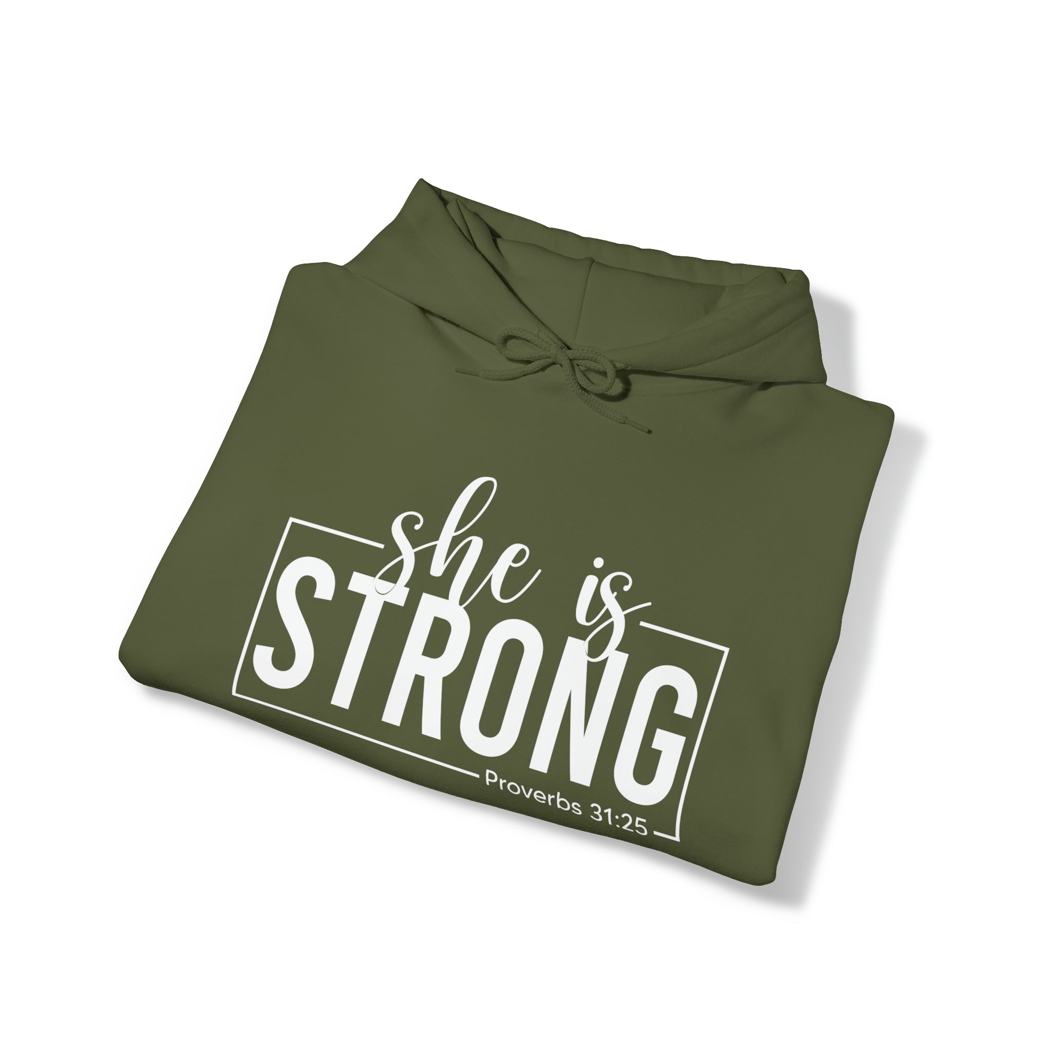 She is STRONG - Unisex Heavy Blend Hooded Sweatshirt - White Logo -  Plain Back