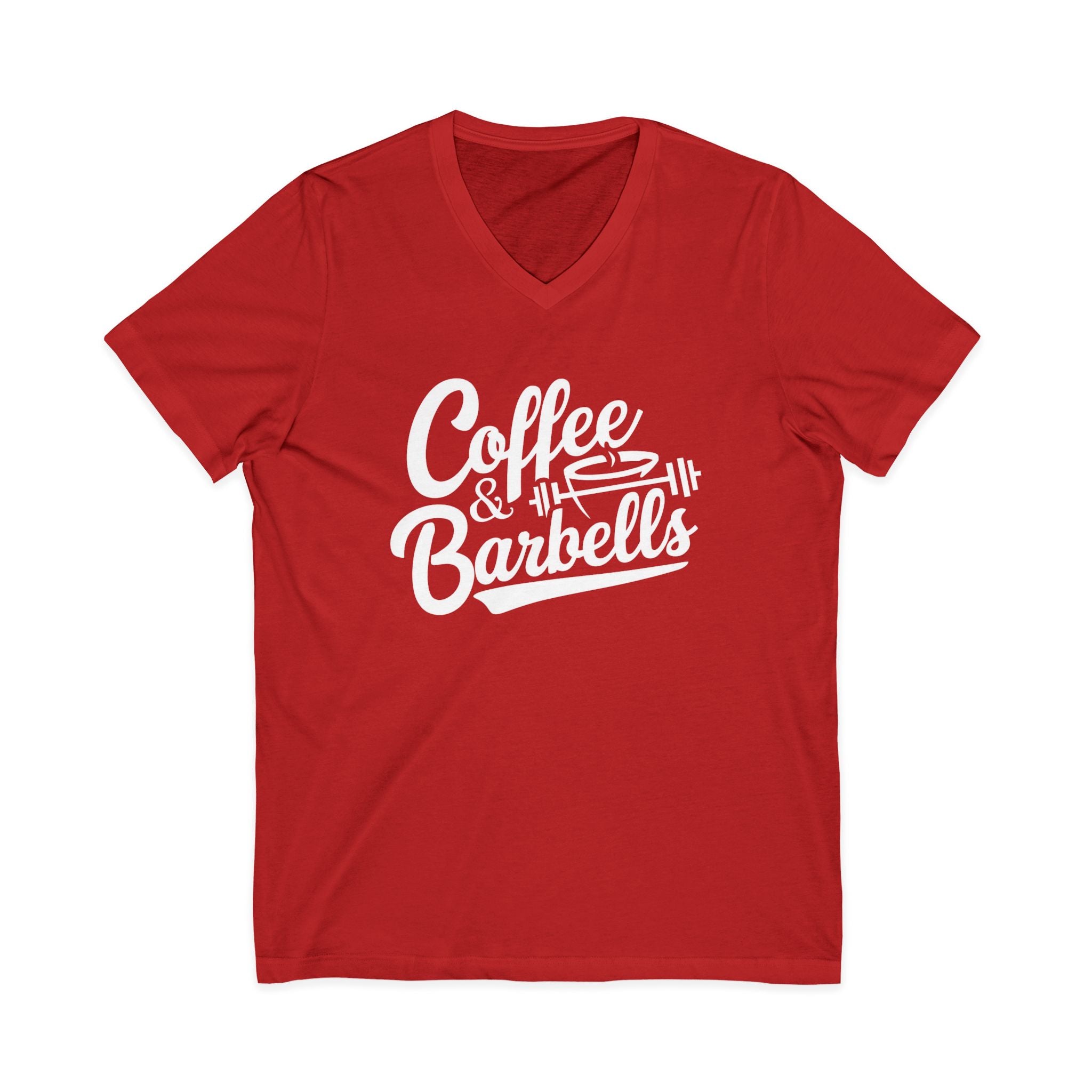 Coffee & Barbells - Unisex Jersey Short Sleeve V-Neck Tee - White Logo Plain Back