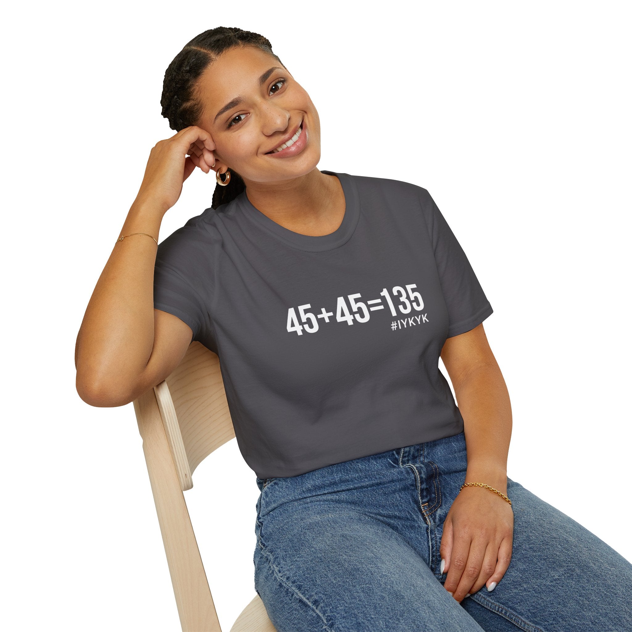 45 + 45 = 135  - Unisex Softstyle T-Shirt - Print on Front Plain Back