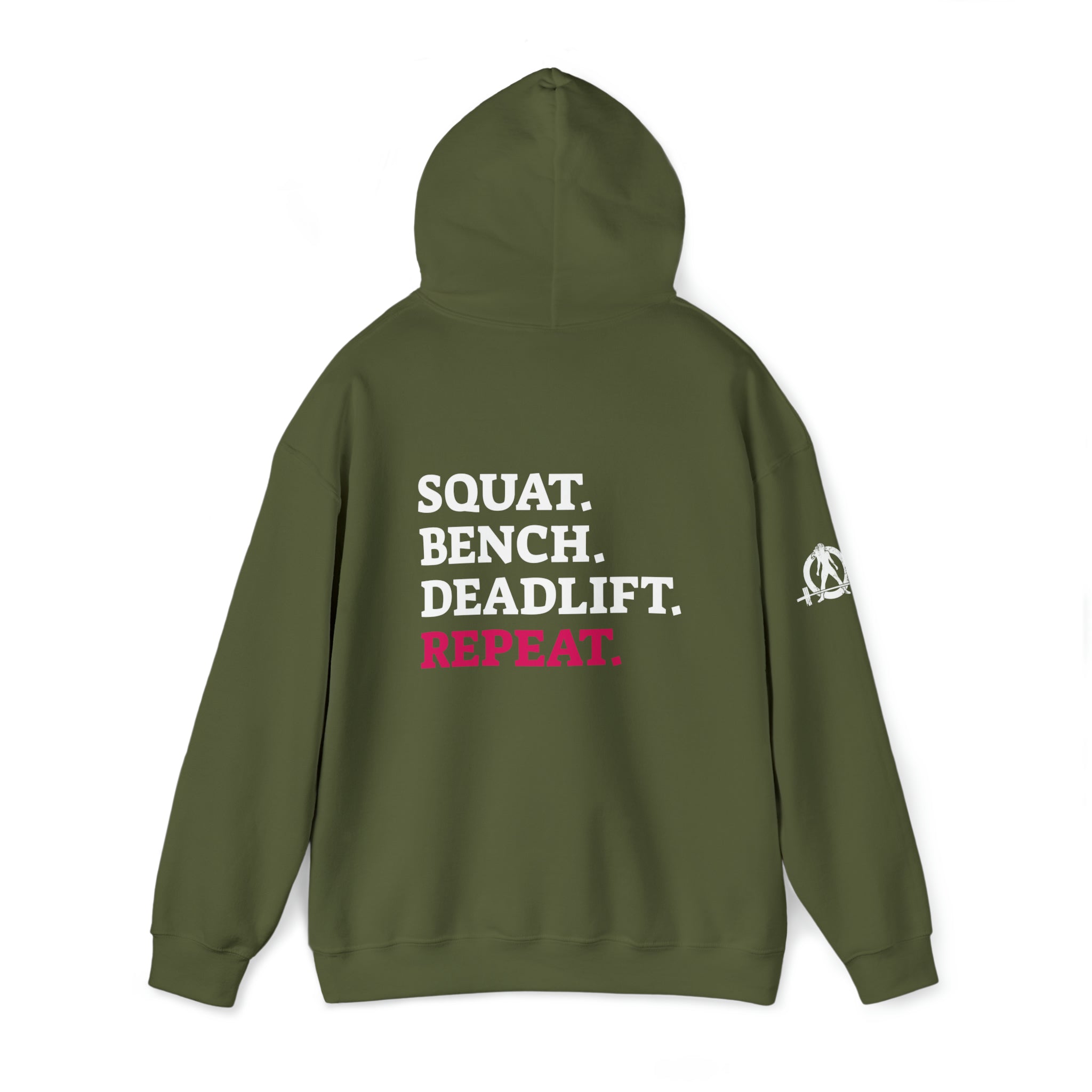 Squat Bench Deadlift Repeat - Unisex Heavy Blend Hooded Sweatshirt - Dark White Logo - Pink - SBDR on BACK