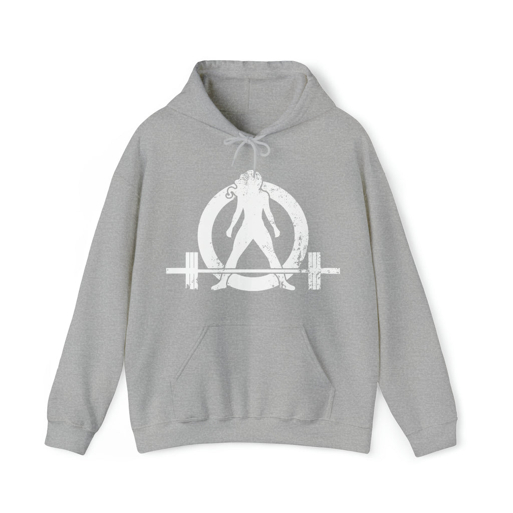COFFEE and a Barbell  - Distressed White Logo  - Unisex Heavy Blend Hooded Sweatshirt
