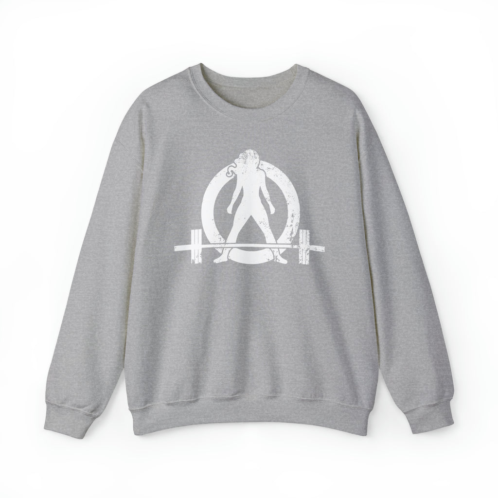 COFFEE and a Barbell - Unisex Heavy Blend™ Crewneck Sweatshirt - Distressed Logo - Plain Back