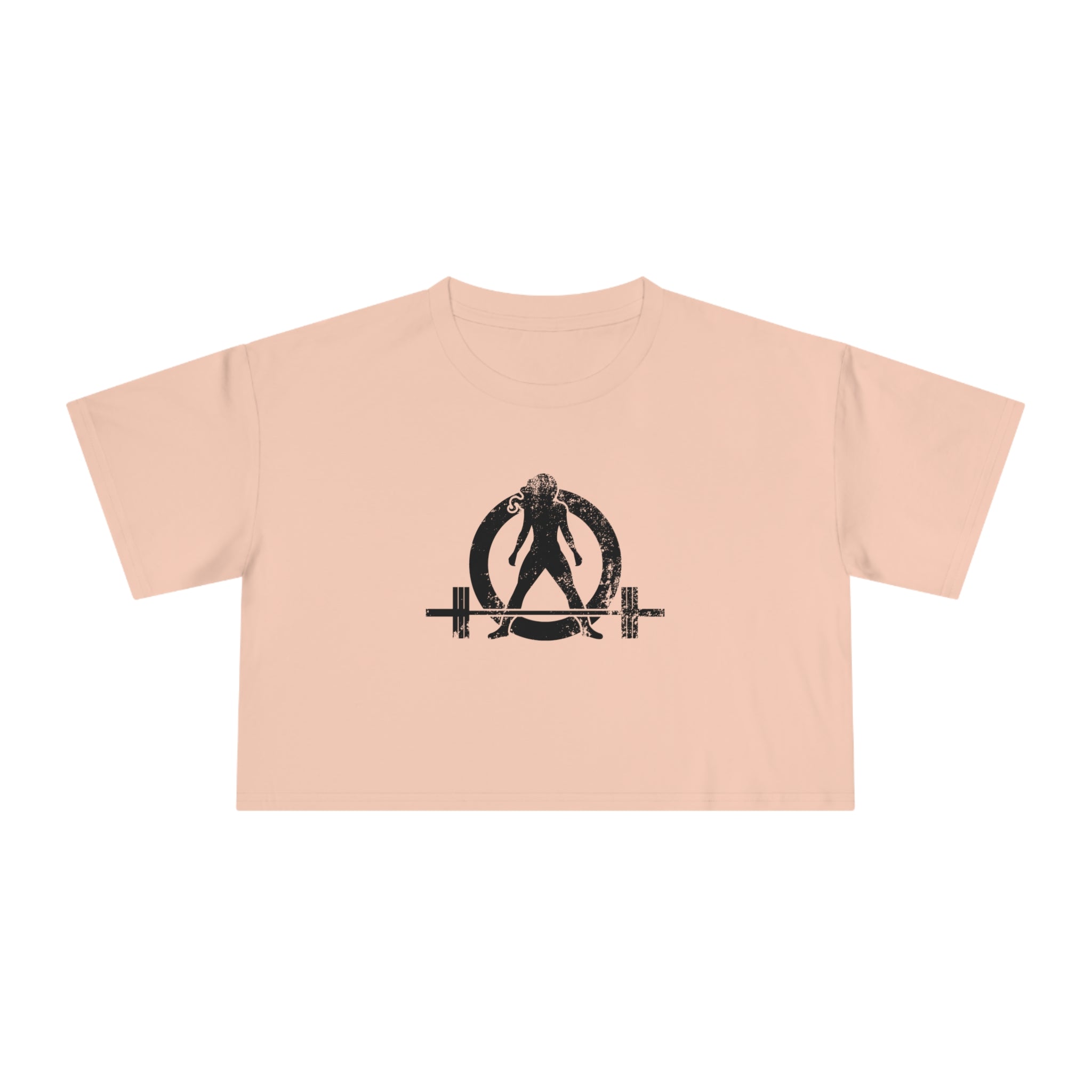 Distressed Collection - Women's Crop Tee - Pale Pink - Front Black Distressed Logo