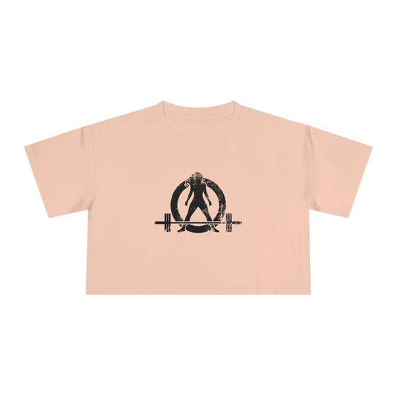 Distressed Collection - Women's Crop Tee - Pale Pink - Front Black Distressed Logo