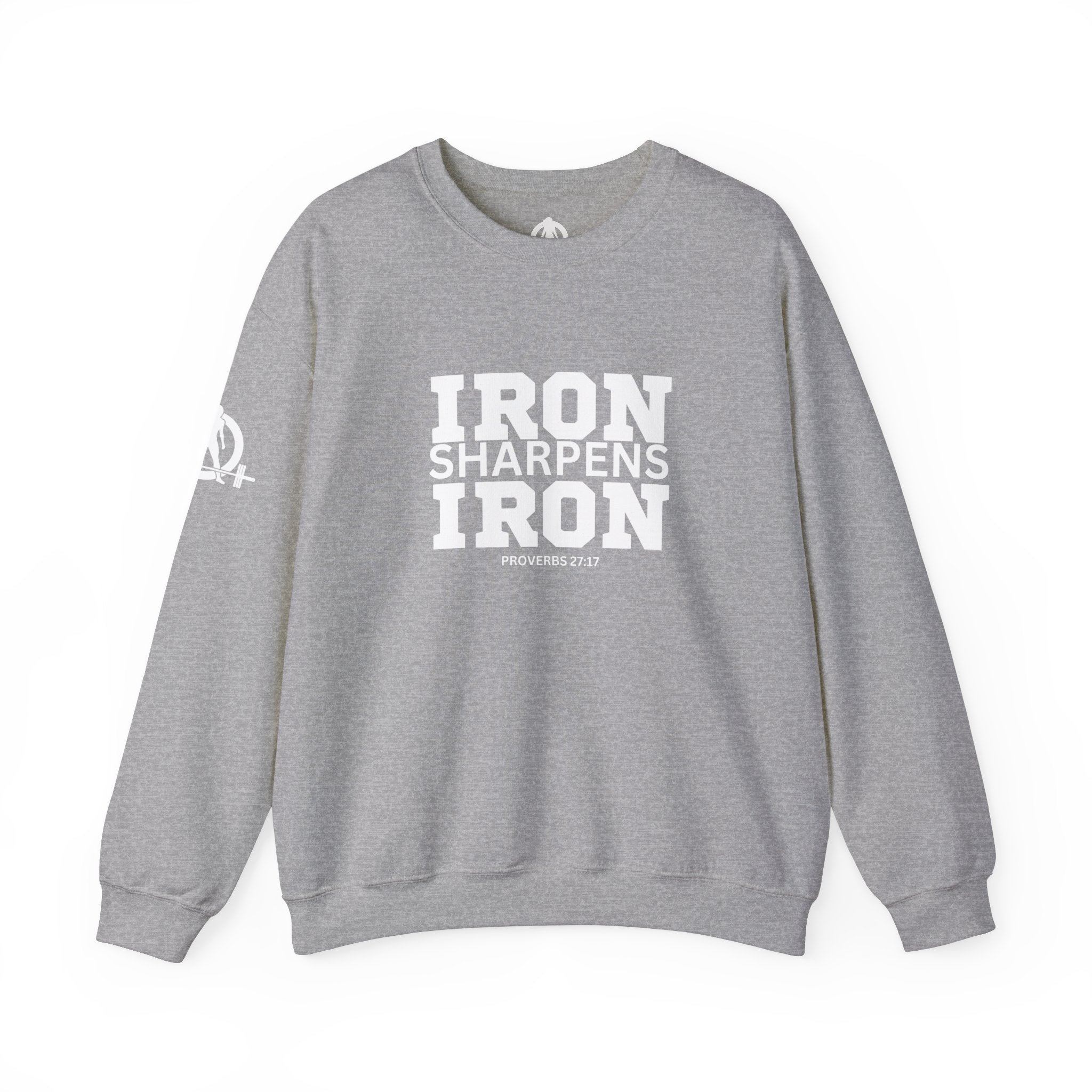 Iron Sharpens Iron - Unisex Heavy Blend™ Crewneck Sweatshirt - Front White Logo - Plain Back
