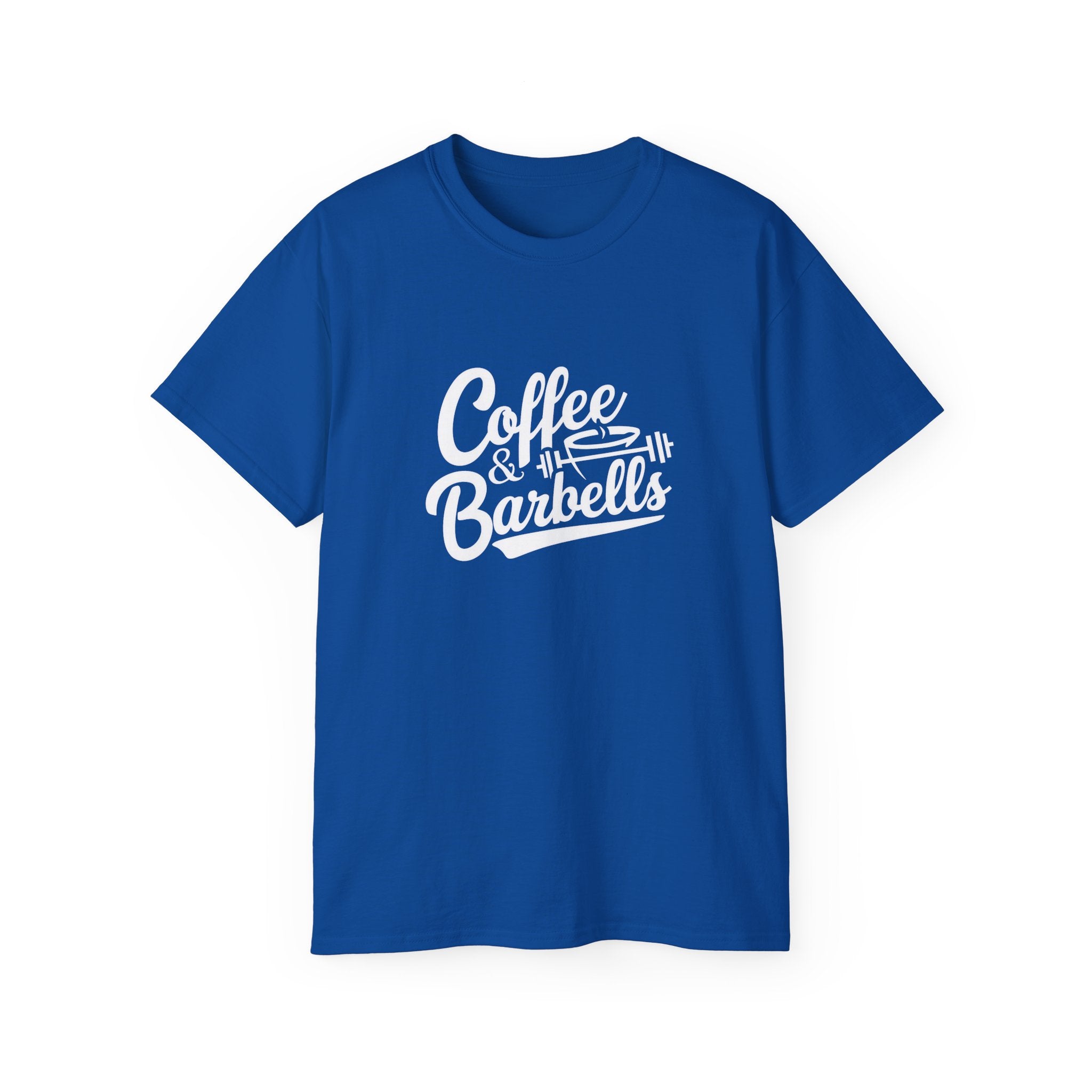 Coffee & Barbells - Unisex Ultra Cotton Tee - Front White Logo - Plain Back