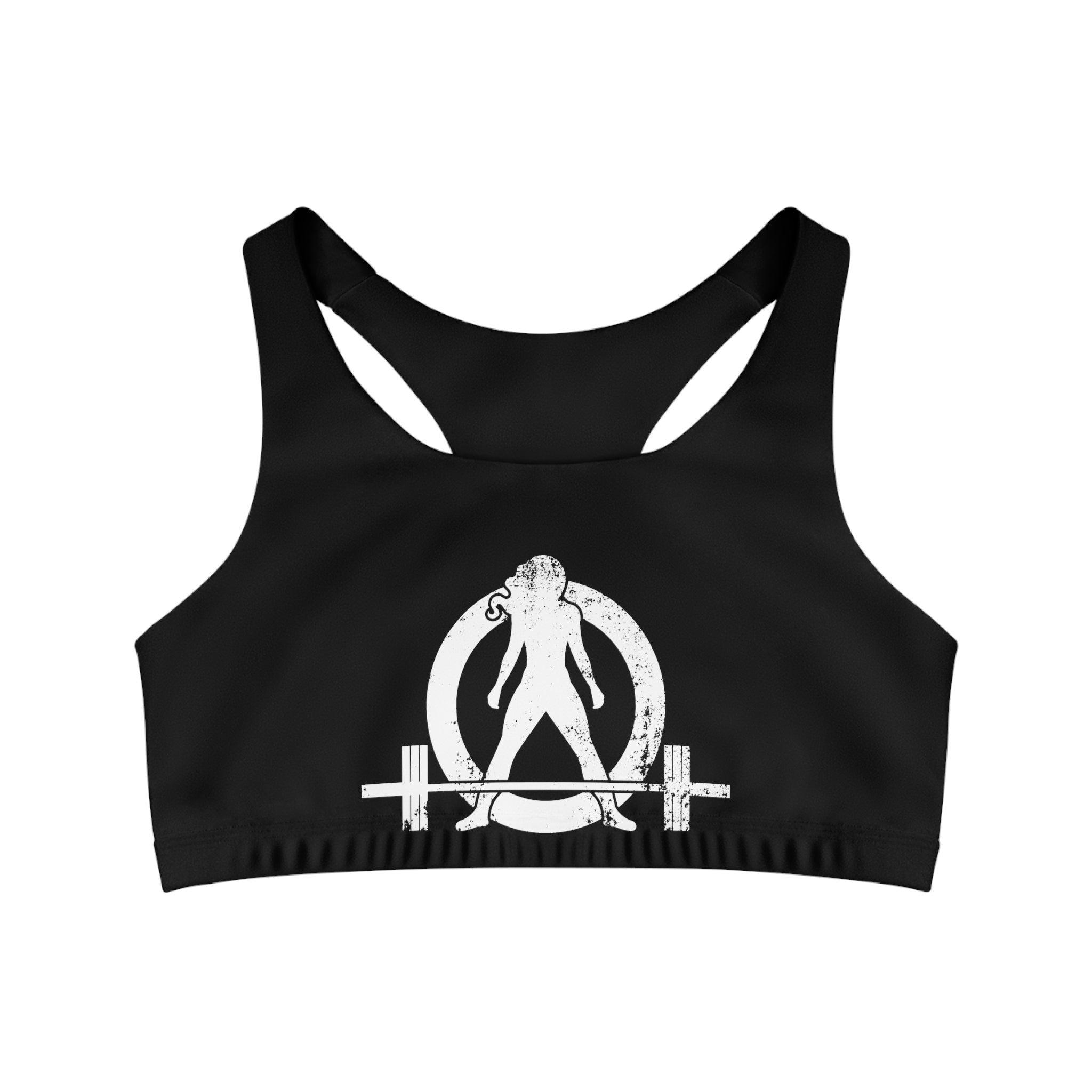 Seamless Sports Bra (AOP) - Black Top -  White Distressed Logo