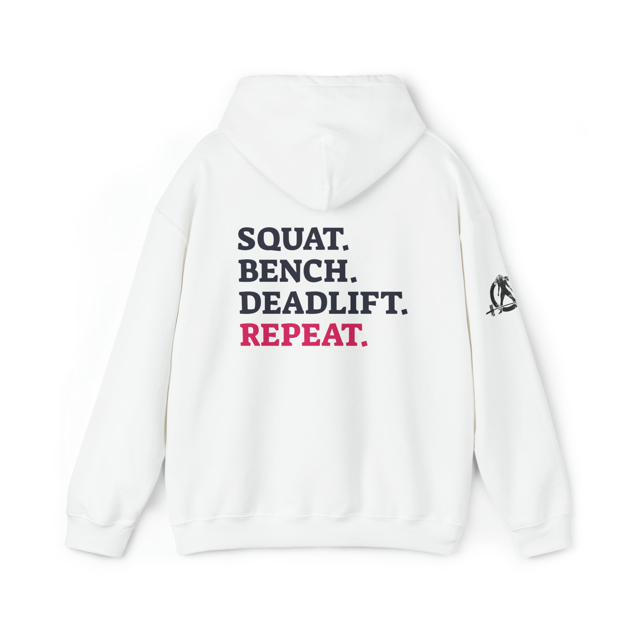 Squat Bench Deadlift Repeat - Unisex Heavy Blend Hooded Sweatshirt - Dark Black Logo - Pink - SBDR on BACK