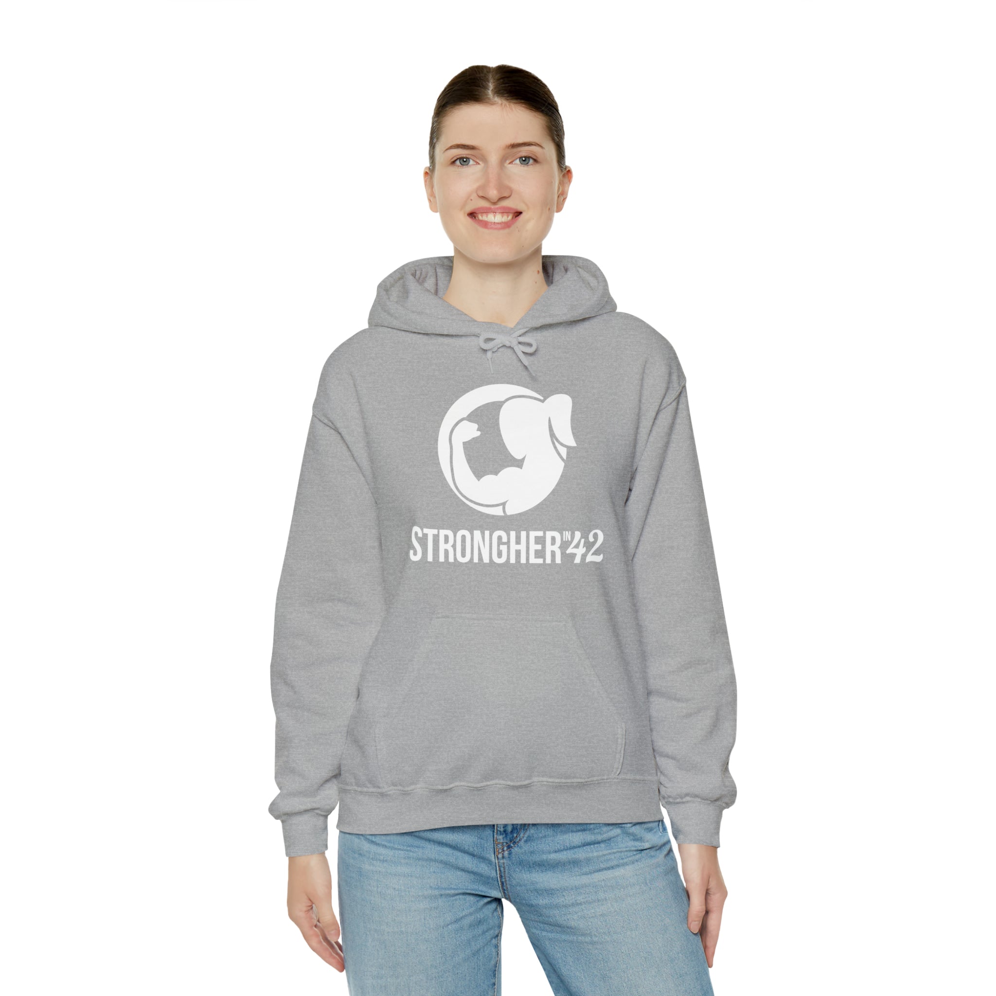 Strong Her in 42 - Classic Logo White - Unisex Heavy Blend Hooded Sweatshirt