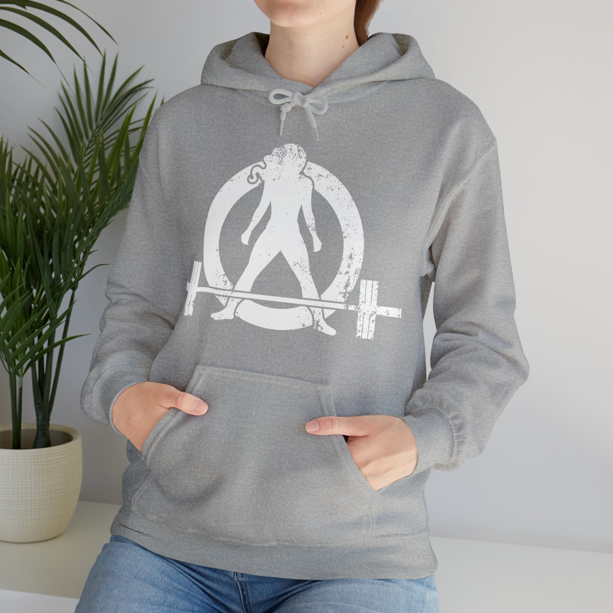 COFFEE and a Barbell  - Distressed White Logo  - Unisex Heavy Blend Hooded Sweatshirt