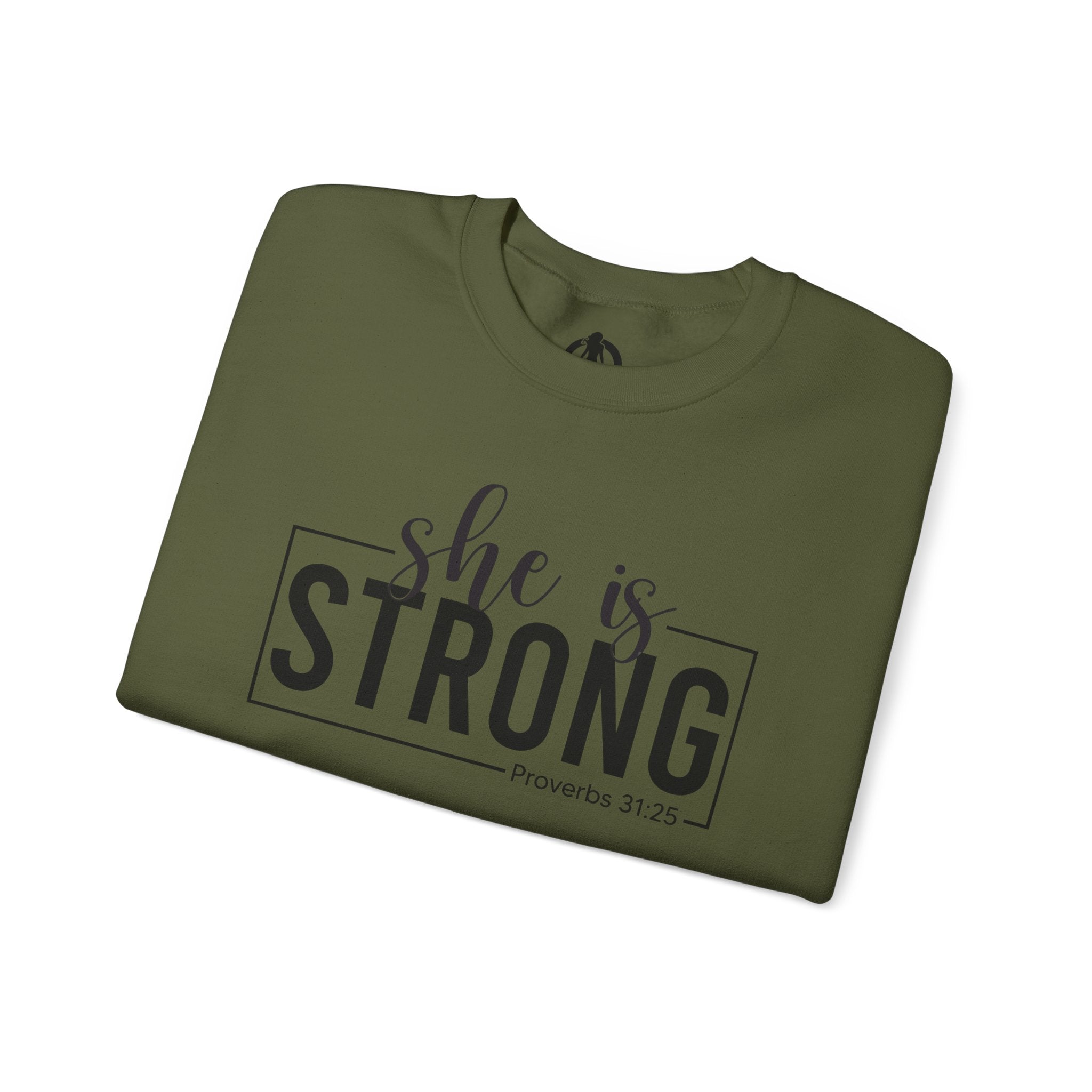 She is STRONG - Unisex Heavy Blend™ Crewneck Sweatshirt - Front Black Logo - Plain Back