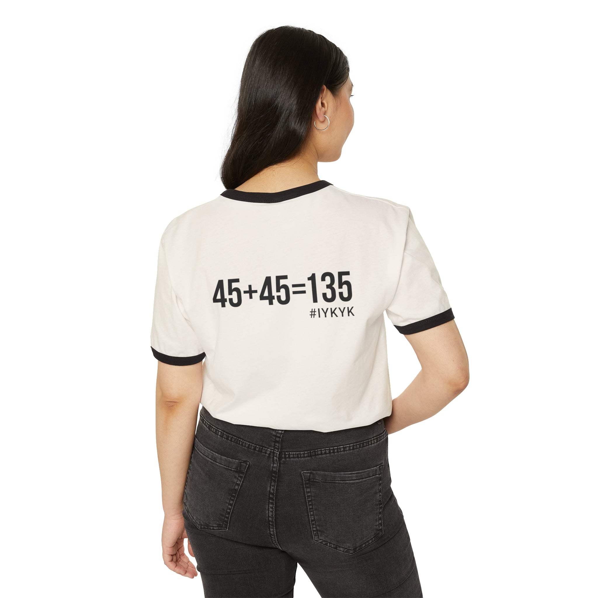 45 + 45 - Unisex Cotton Ringer T-Shirt - Black Logo Front & Back