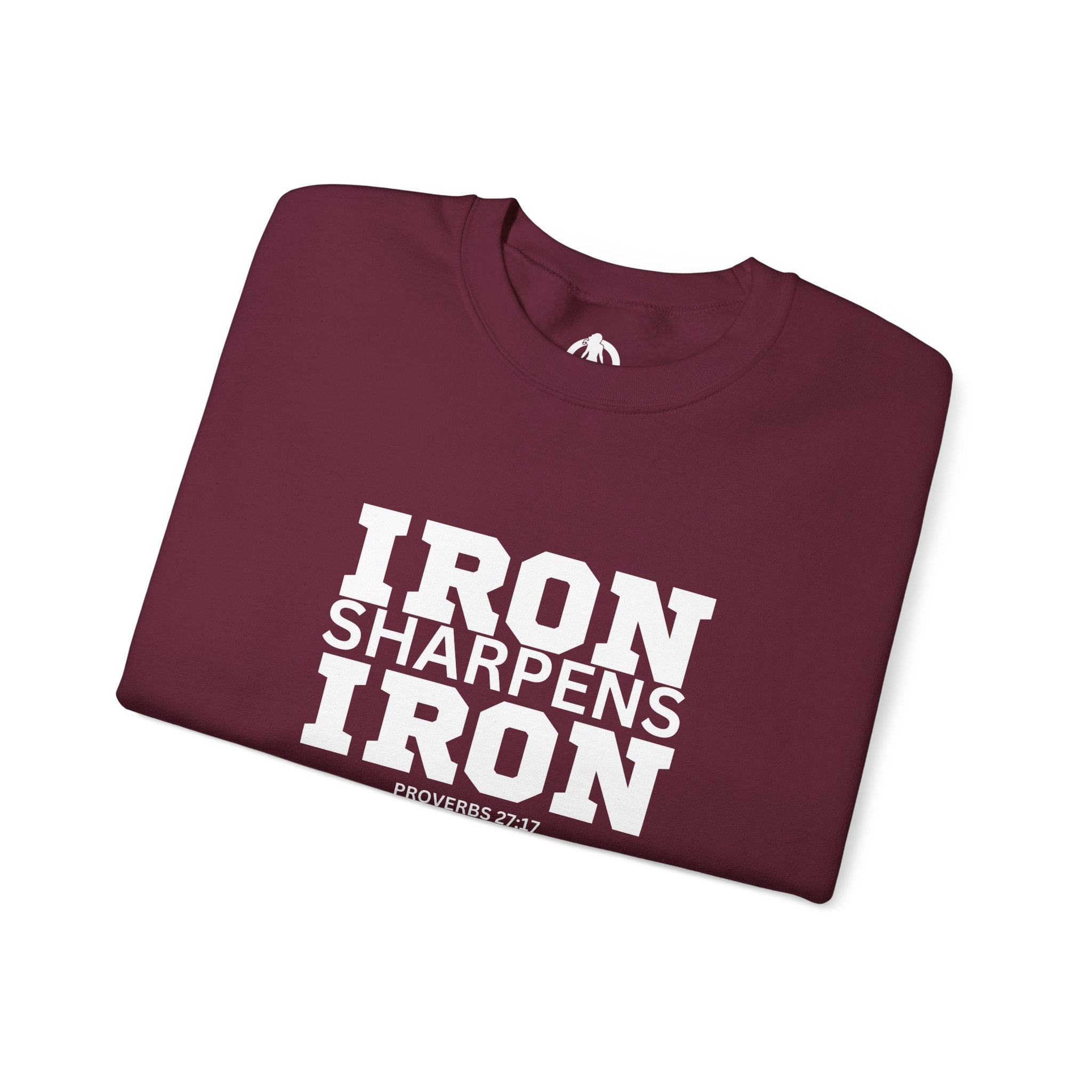 Iron Sharpens Iron - Unisex Heavy Blend™ Crewneck Sweatshirt - Front White Logo - Plain Back