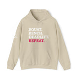 Squat Bench Deadlift Repeat - Unisex Heavy Blend Hooded Sweatshirt - Dark Logo - Pink - Plain Black