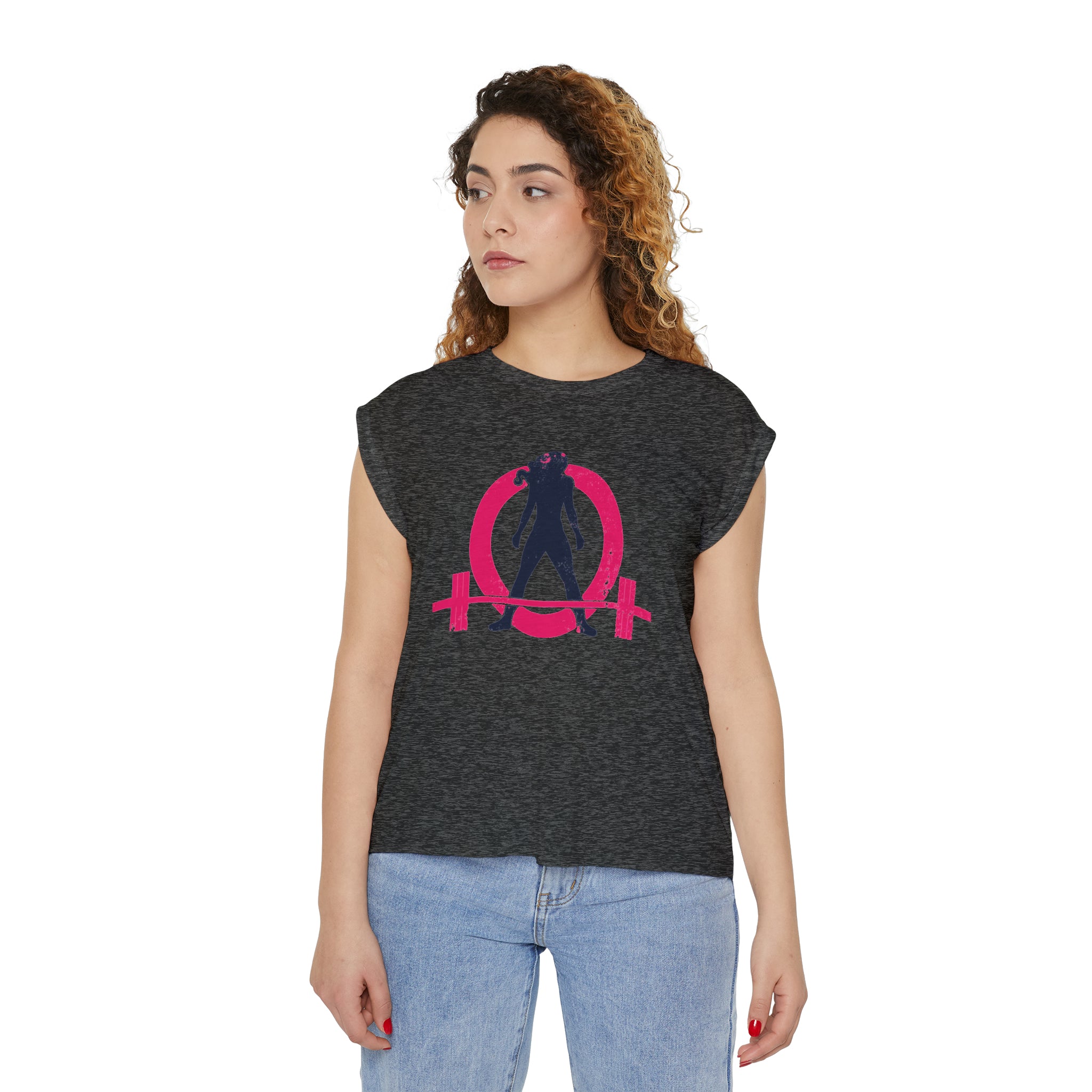 Women’s Flowy Rolled Cuffs Muscle Tee - Light Distressed Logo