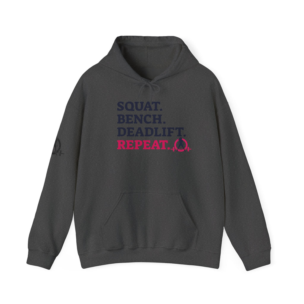 WWLW “Squat • Bench • Deadlift • Repeat” Hoodie - Front Dark Logo Plain Back
