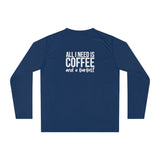 COFFEE and a Barbell - Unisex Performance Long Sleeve Shirt - Distressed White Logo