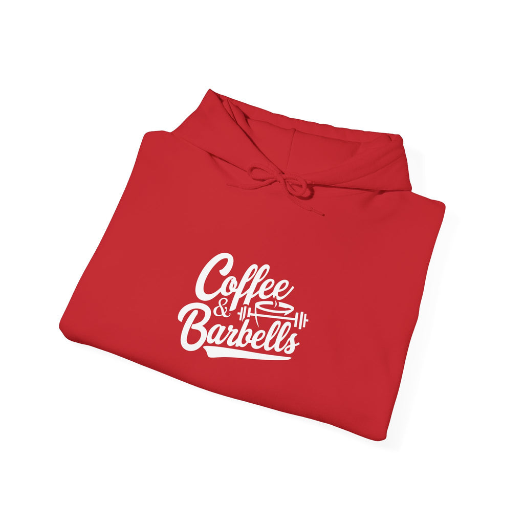 Coffee & Barbells - Unisex Heavy Blend Hooded Sweatshirt - White Logo on Front & Right Sleeve