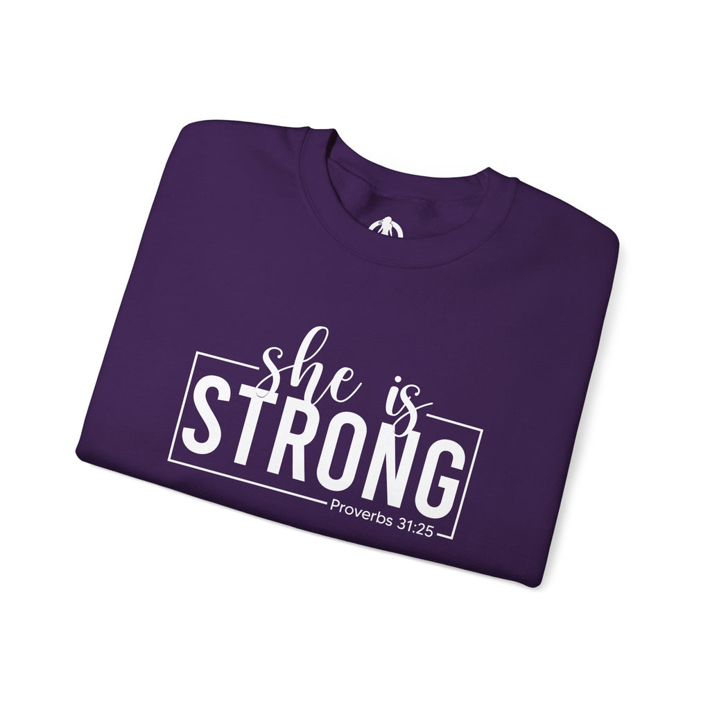 She is STRONG - Unisex Heavy Blend™ Crewneck Sweatshirt - Front White Logo - Plain Back