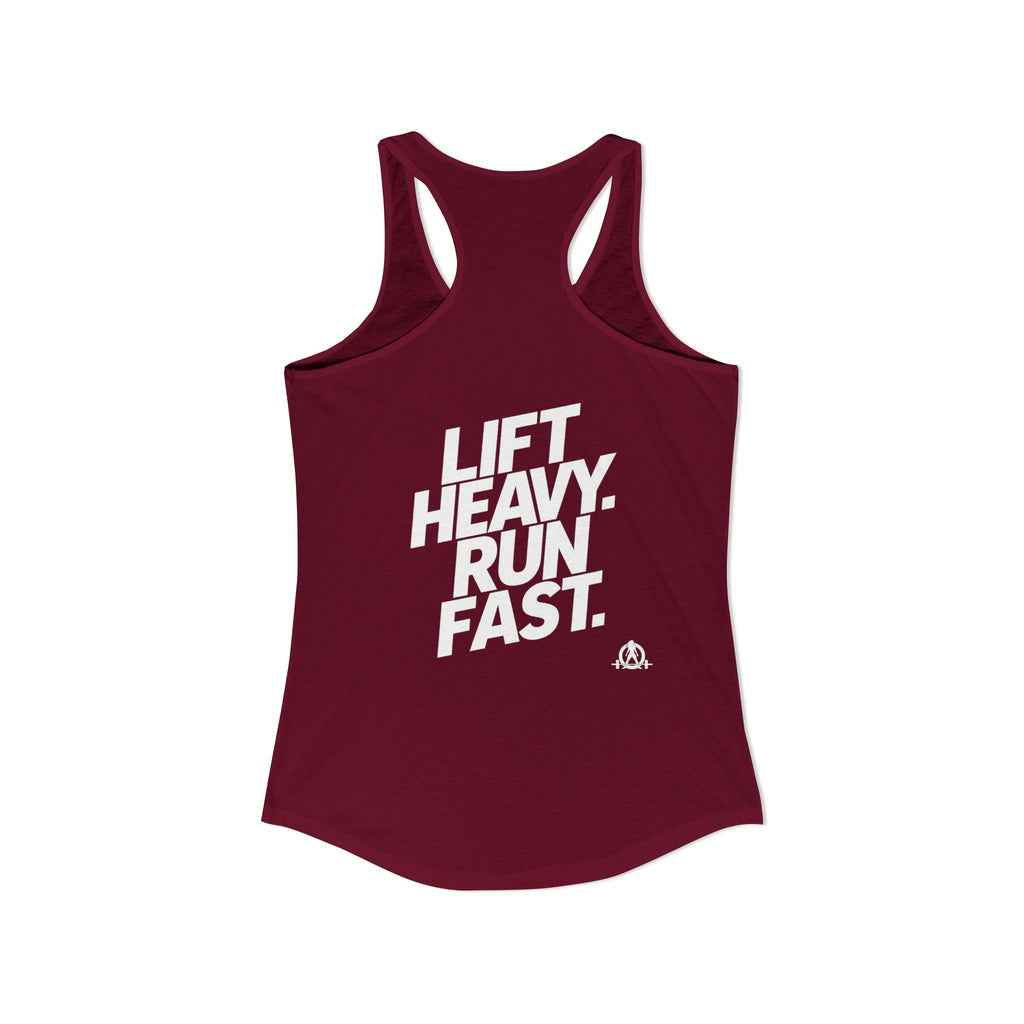 Lift Heavy - Run Fast - Racer Back Tank Top - Women's Ideal Racerback Tank (White Front & Back Logo)