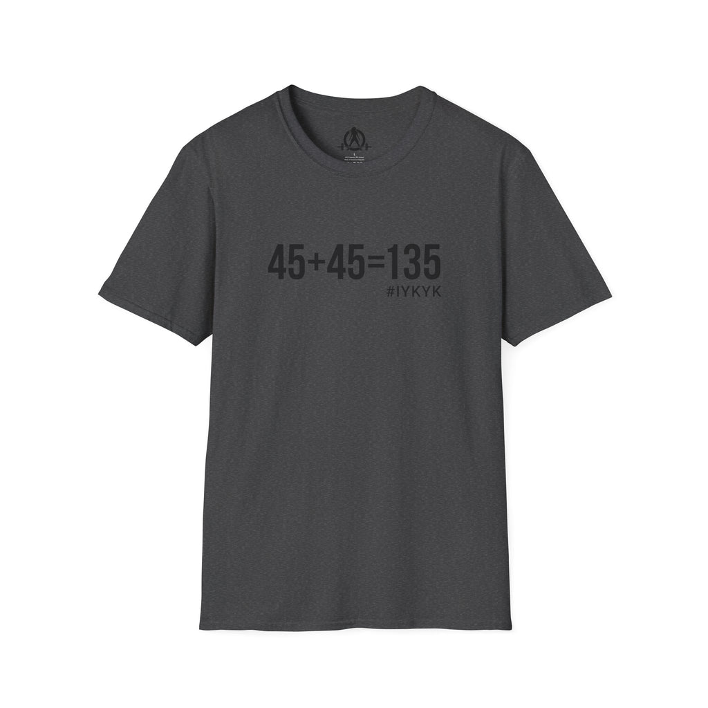 45 + 45 = 135 - Unisex Softstyle T-Shirt - Black Print on Front Plain Back