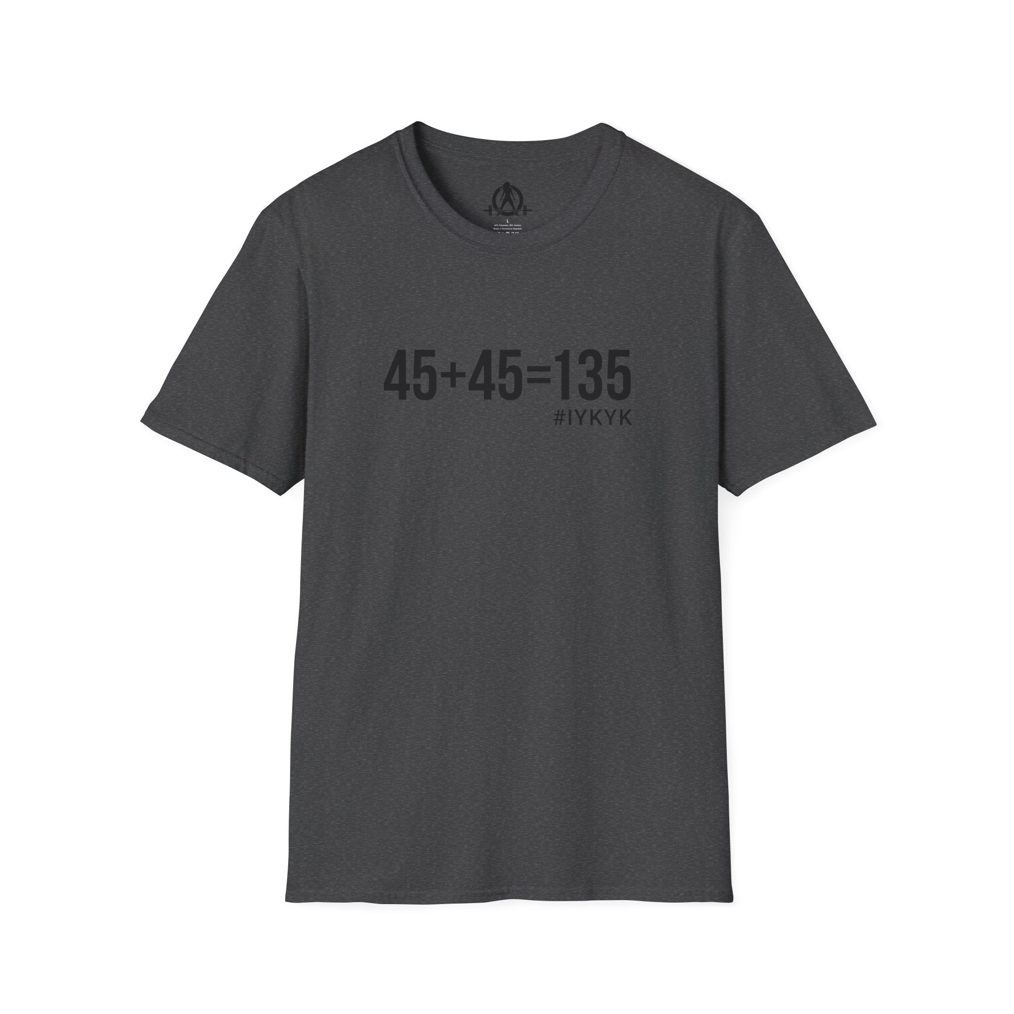 45 + 45 = 135 - Unisex Softstyle T-Shirt - Black Print on Front Plain Back