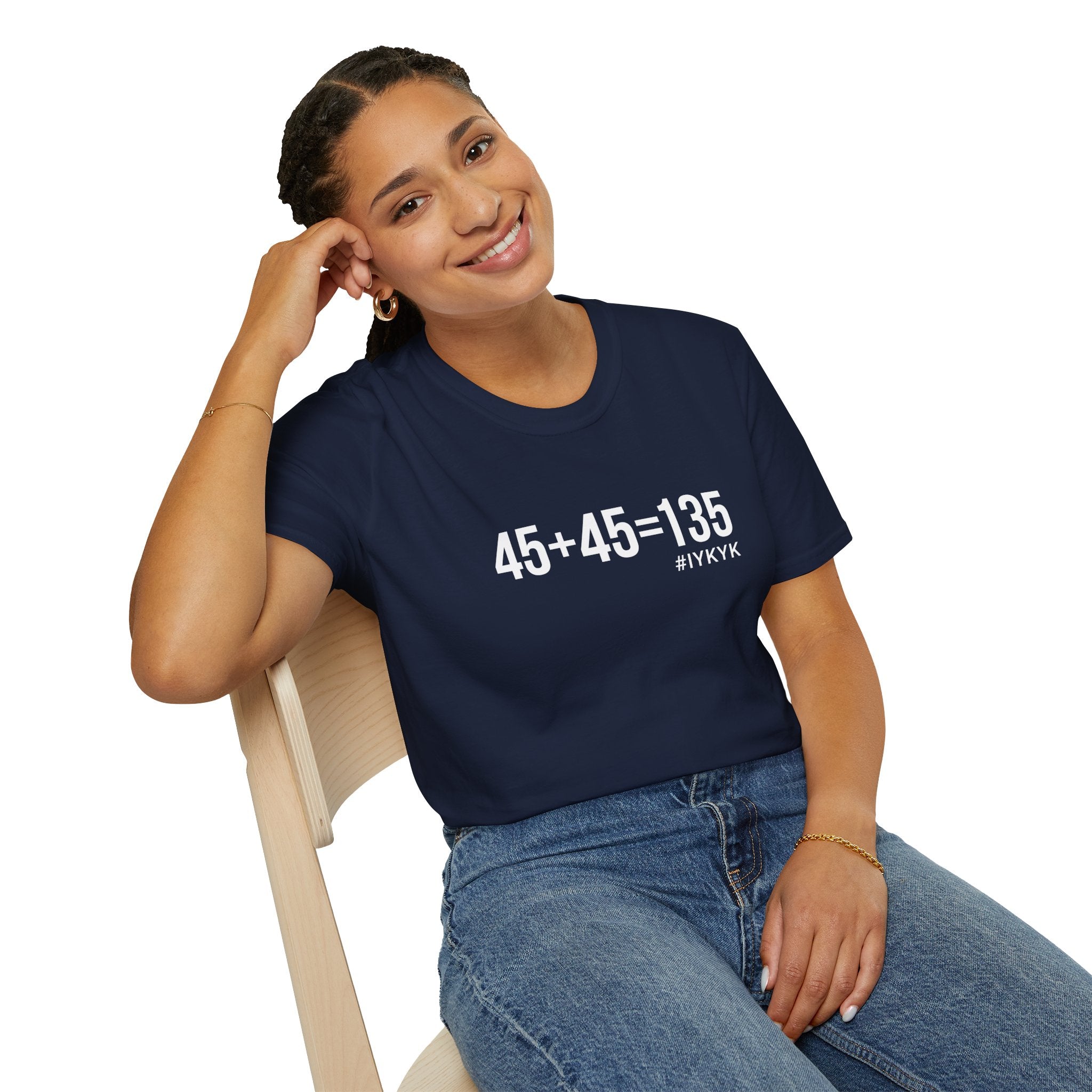 45 + 45 = 135  - Unisex Softstyle T-Shirt - Print on Front Plain Back