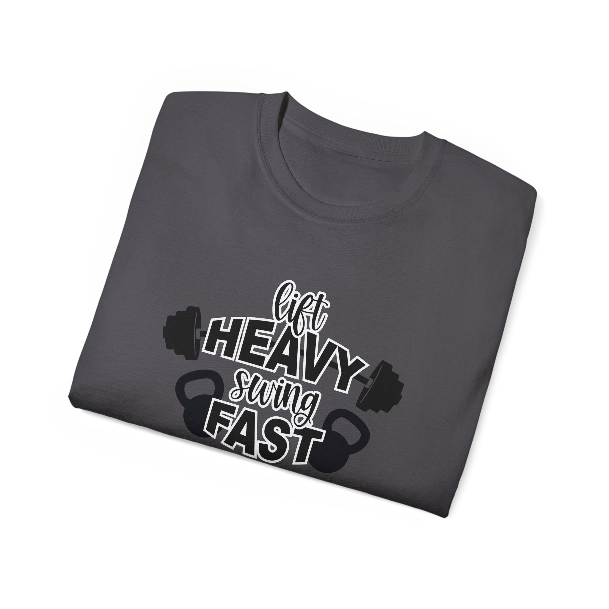 Lift Heavy Swing Fast - Unisex Ultra Cotton Tee - Black Logo Plain Back