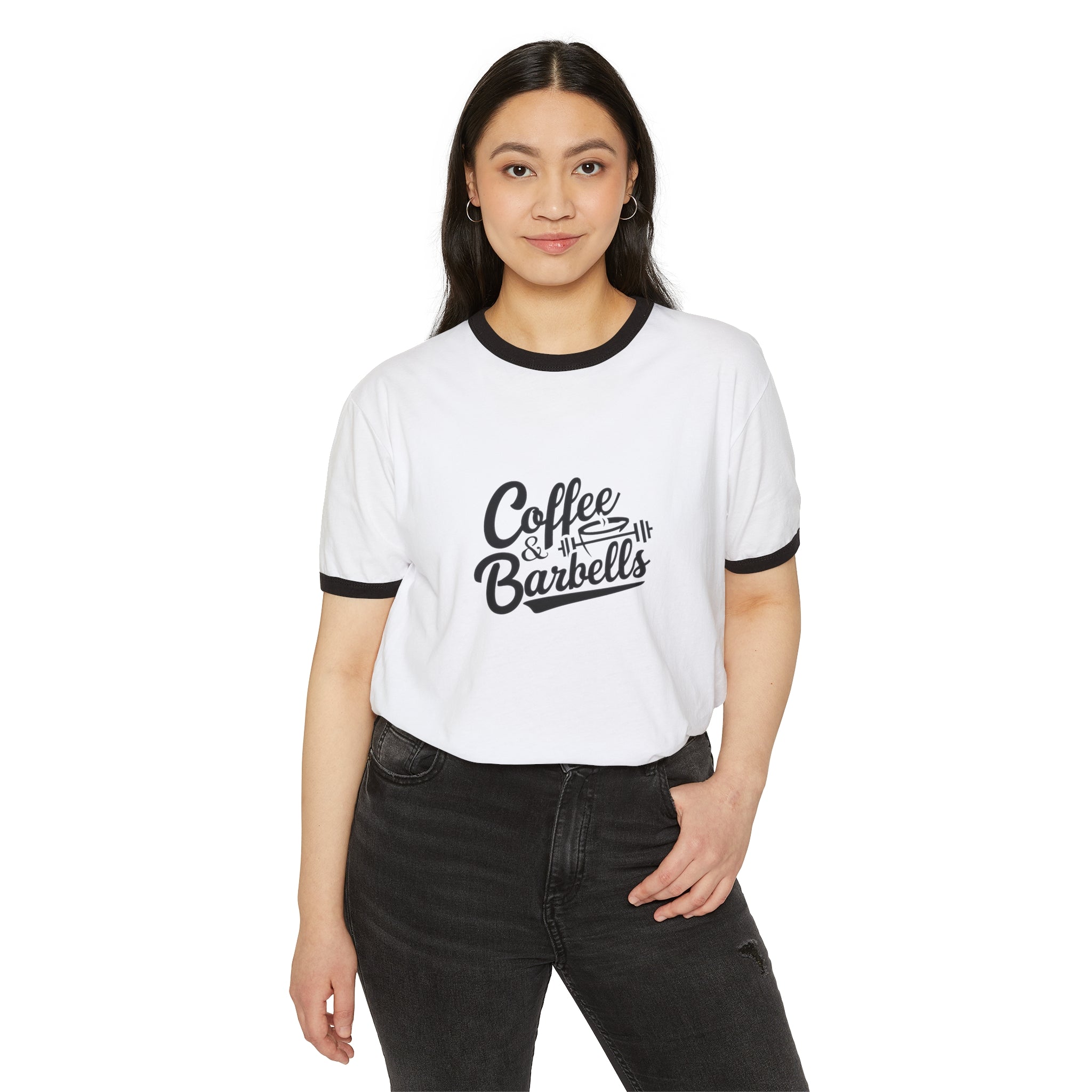 Coffee & Barbells  - Unisex Cotton Ringer T-Shirt - Black Logo Plain Back