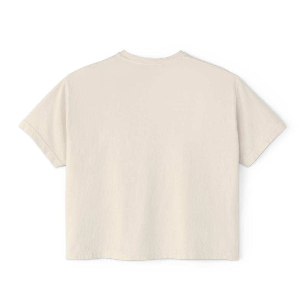 Women's Boxy Tee - White Distressed Logo Front Plain Back