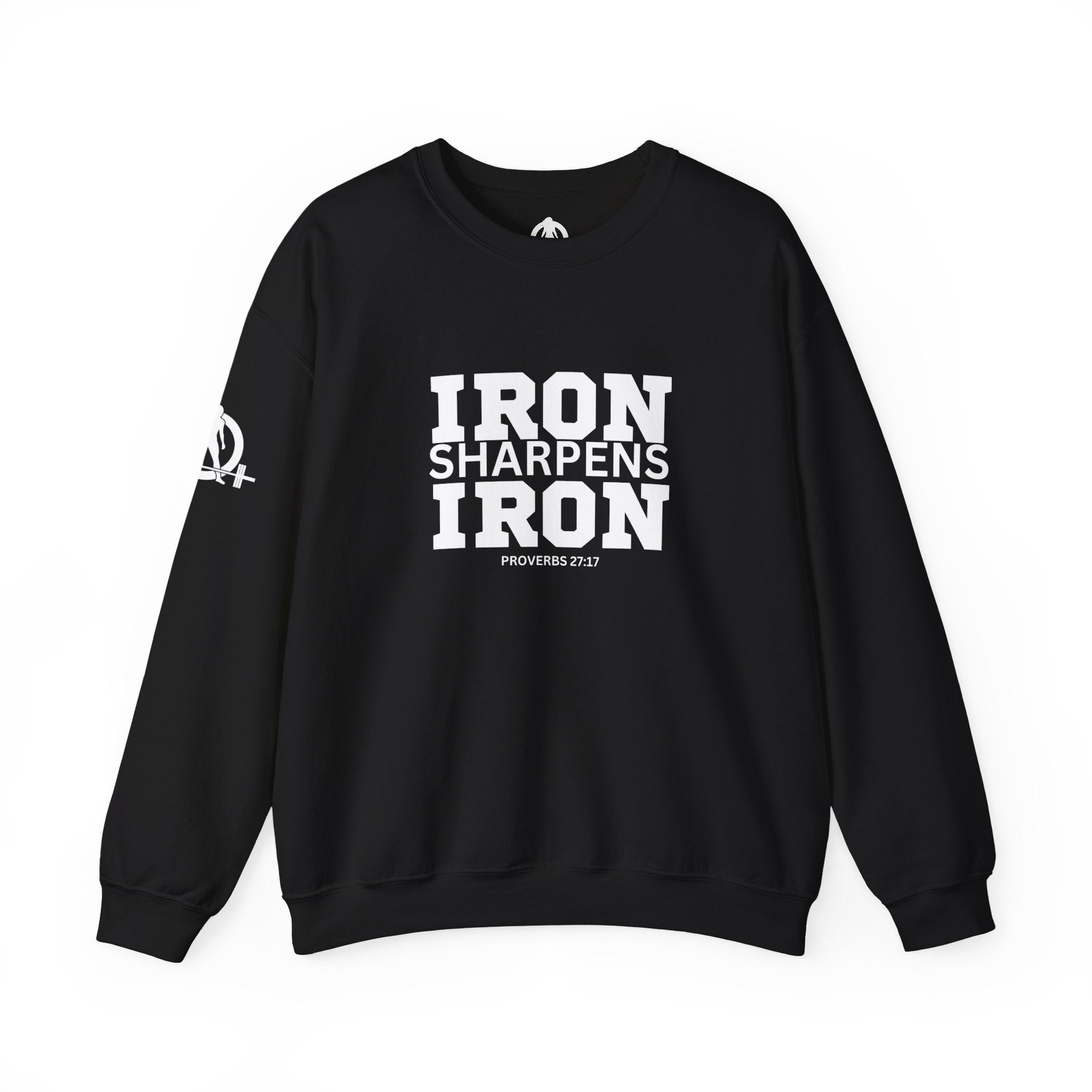 Iron Sharpens Iron - Unisex Heavy Blend™ Crewneck Sweatshirt - Front White Logo - Plain Back