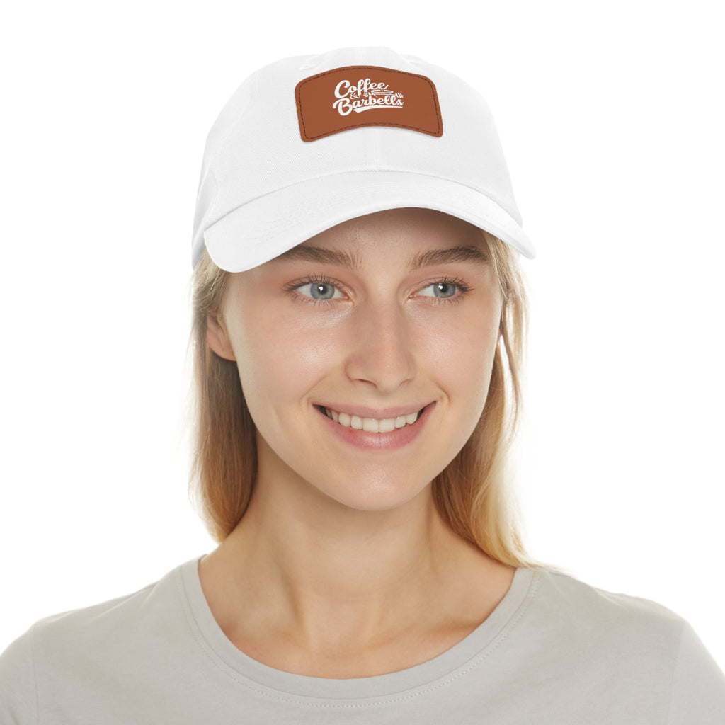 Coffee & Barbells - Dad Hat with Leather Patch (Rectangle) - White Font