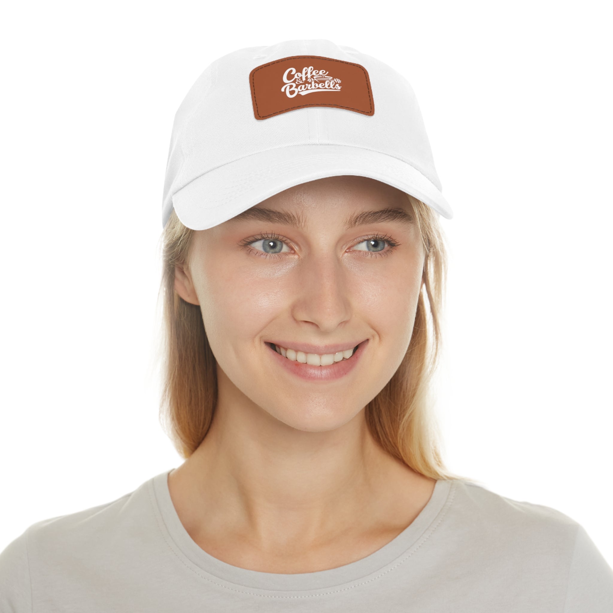 Coffee & Barbells - Dad Hat with Leather Patch (Rectangle) - White Font