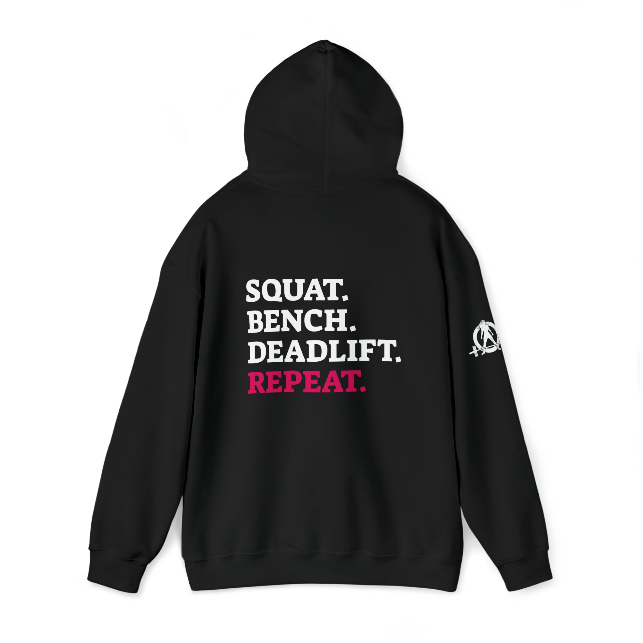 Squat Bench Deadlift Repeat - Unisex Heavy Blend Hooded Sweatshirt - Dark White Logo - Pink - SBDR on BACK