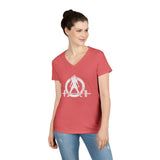 Ladies' V-Neck T-Shirt -  White Distressed Logo