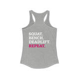 Squat Bench Deadlift Repeat - Women's Ideal Racerback Tank - Pink & Black - Dark - SBDR on Back