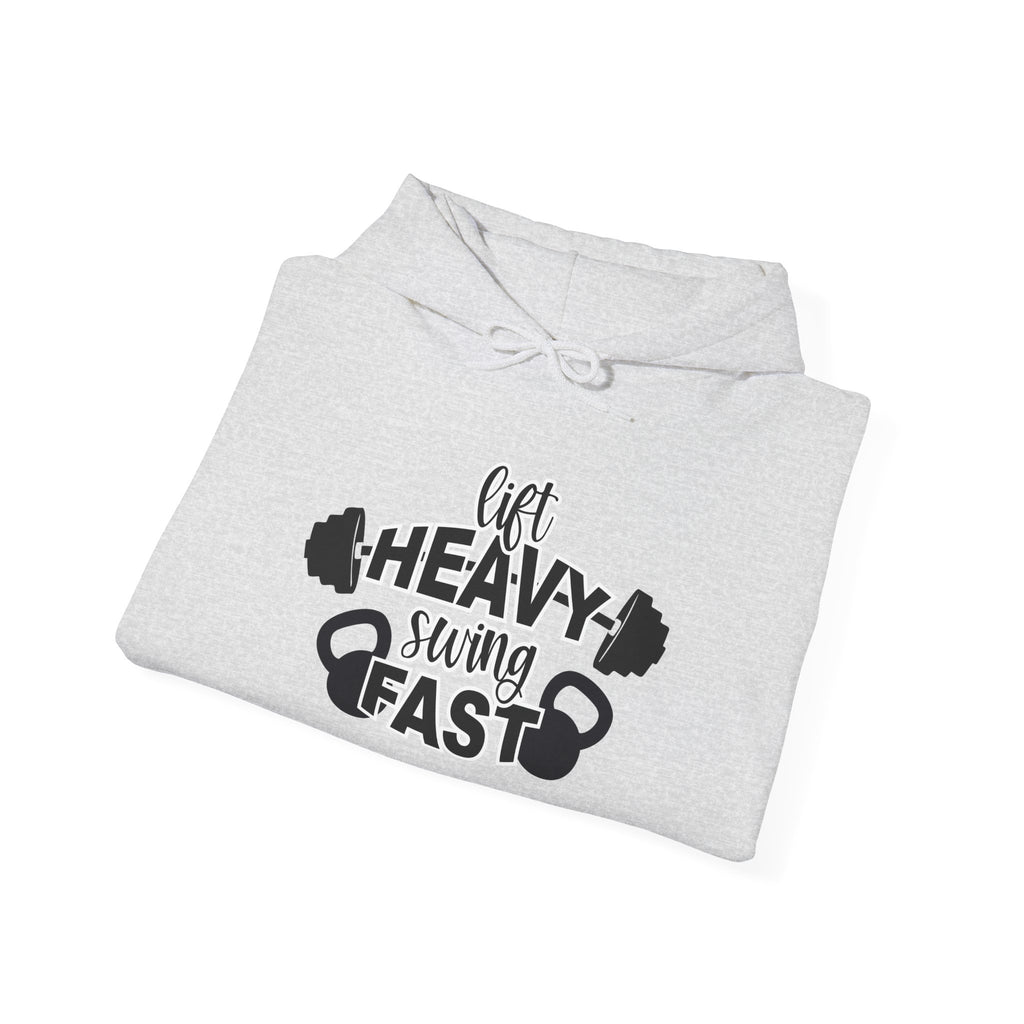 Lift Heavy Swing Fast - Unisex Heavy Blend Hooded Sweatshirt - Black Logo - Right Shoulder - Plain Back
