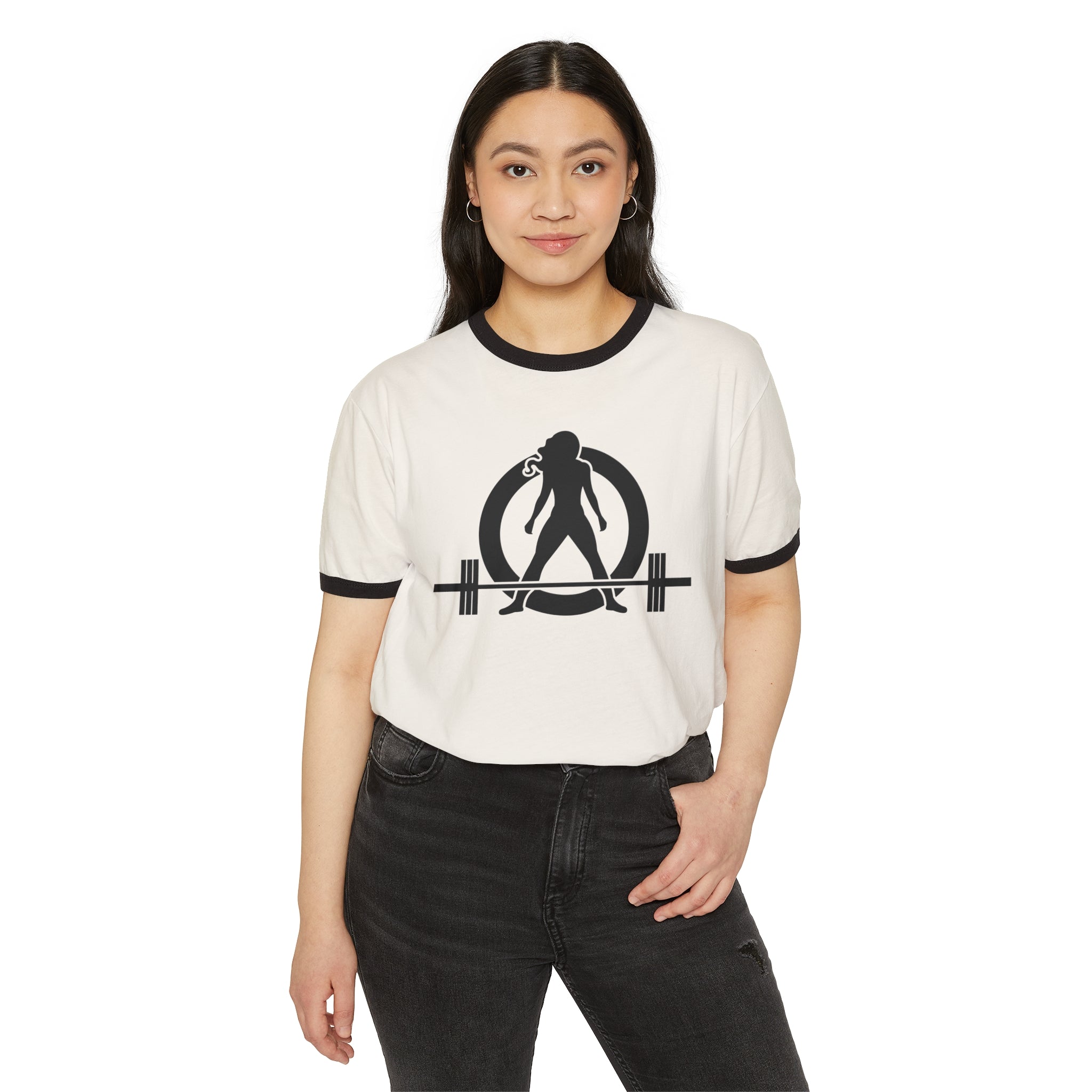 45 + 45 - Unisex Cotton Ringer T-Shirt - Black Logo Front & Back