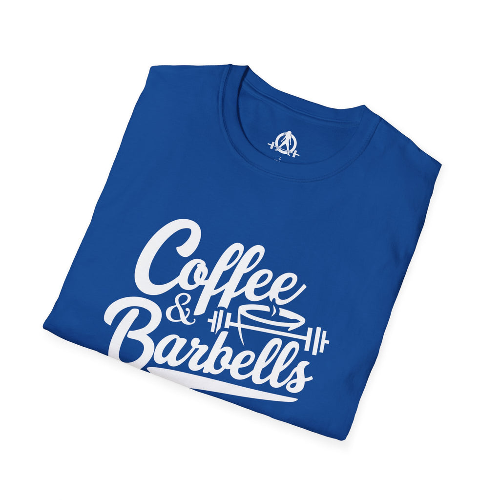 Coffee & Barbells - Unisex Softstyle T-Shirt - White Print on Front Plain Back