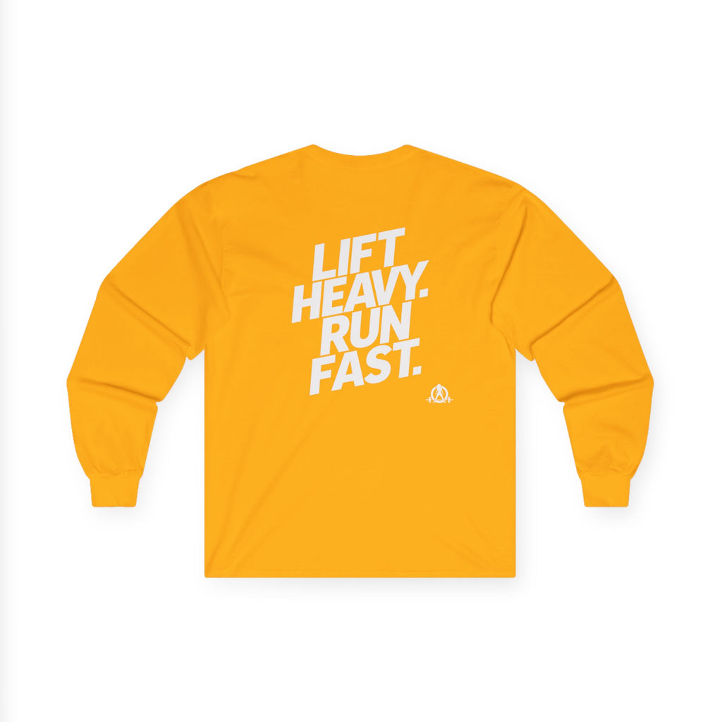 Lift Heavy Run Fast - Ultra Cotton Long Sleeve Tee - White Logo Front & Back