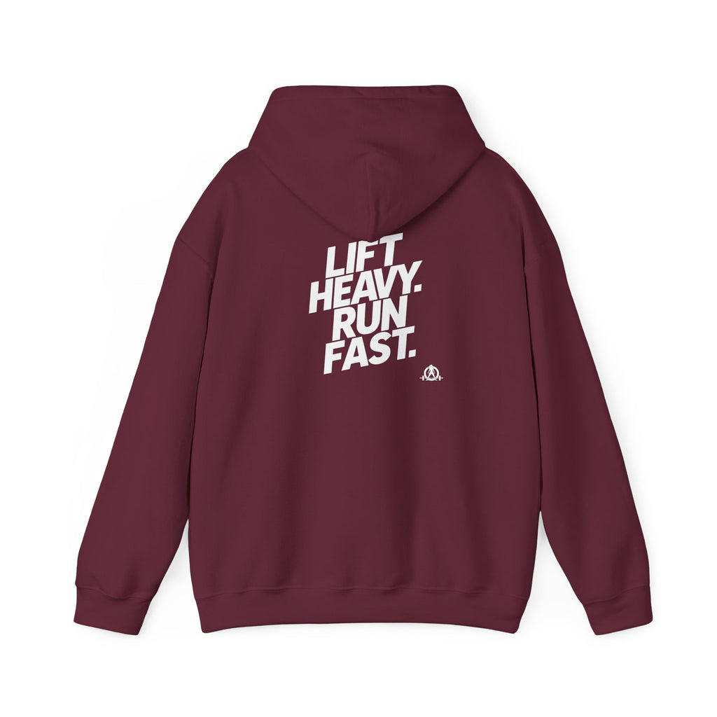Lift Heavy Run Fast - Unisex Heavy Blend Hooded Sweatshirt - Front White & Back Logo