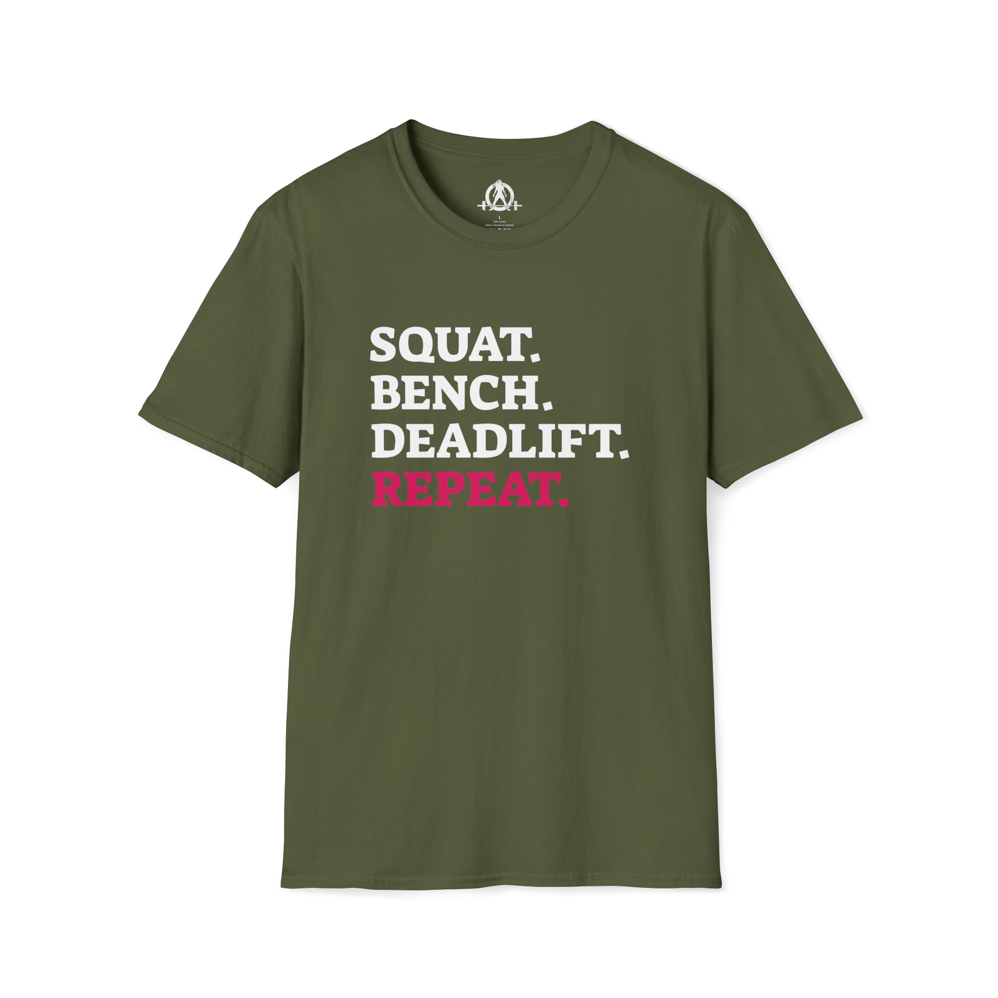 Squat Bench Deadlift Repeat - Unisex Softstyle T-Shirt - Black & Pink - Plain Back